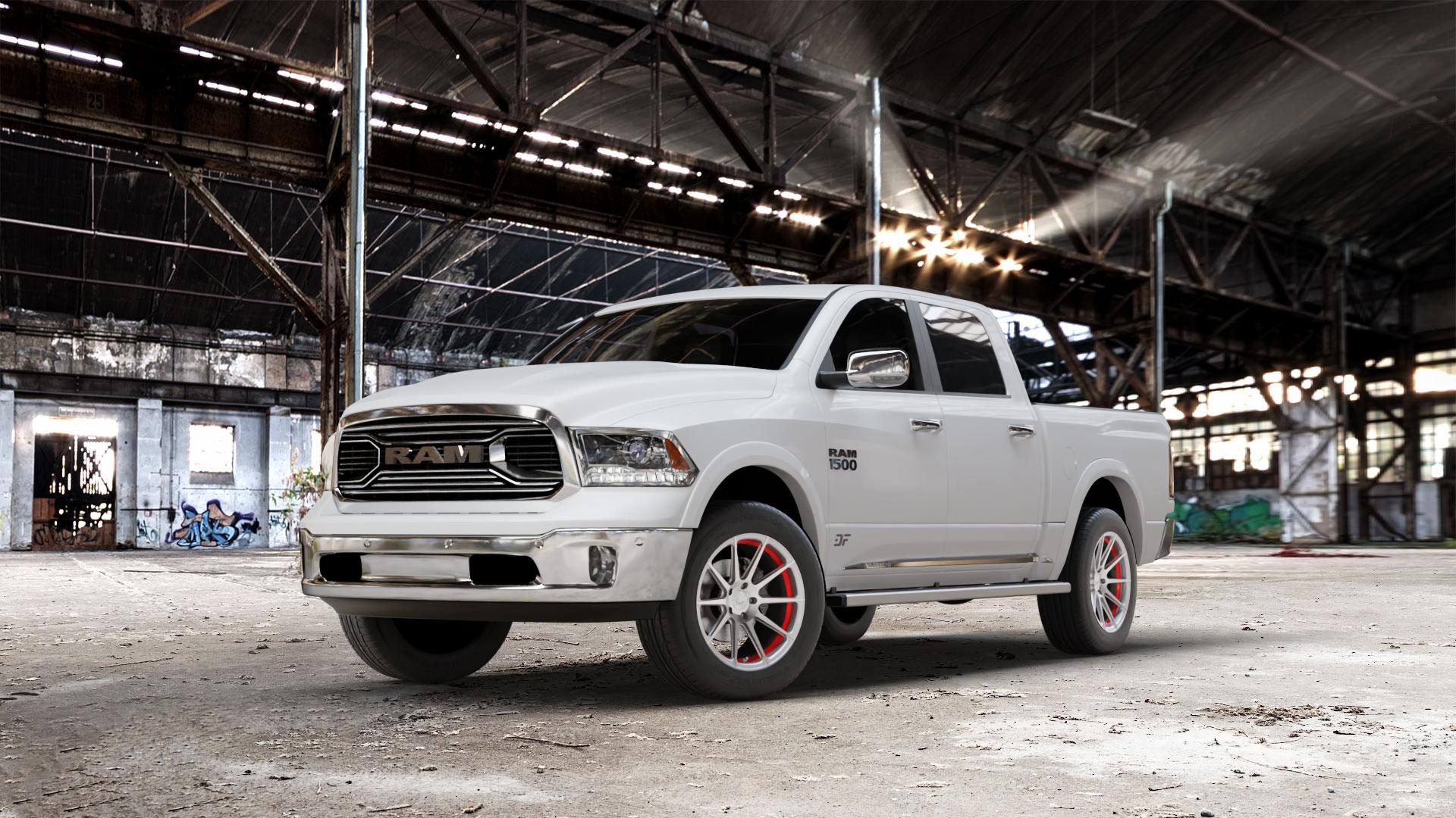 BARRACUDA Project 2.0 silver brushed/ undercut Color Trim rot Felge mit Reifen silber farbige Outline mehrfarbig in 19Zoll Alufelge auf weissem Dodge RAM 1500 IV Typ DJ, DS ⬇️ mit 15mm Tieferlegung ⬇️ Old Industrial Hall_max_7000mm_2024 Frontansicht_1