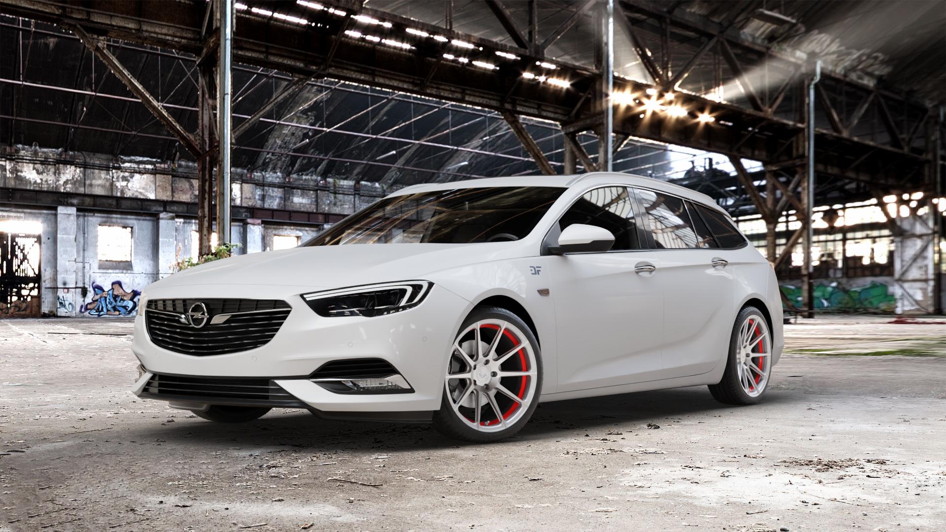 BARRACUDA Project 2.0 silver brushed/ undercut Color Trim rot Felge mit Reifen silber farbige Outline mehrfarbig in 19Zoll Alufelge auf weissem Opel Insignia II Sports Tourer Typ Z-B ⬇️ mit 15mm Tieferlegung ⬇️ Old Industrial Hall_max_5300mm_2024 Frontansicht_1