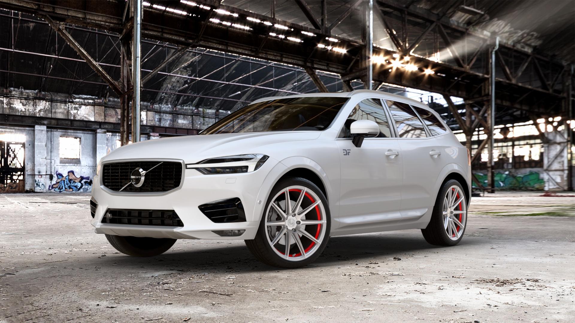 BARRACUDA Project 2.0 silver brushed/ undercut Color Trim rot Felge mit Reifen silber farbige Outline mehrfarbig in 21Zoll Alufelge auf weissem Volvo XC60 Typ U ⬇️ mit 15mm Tieferlegung ⬇️ Old Industrial Hall_max_5300mm_2024 Frontansicht_1