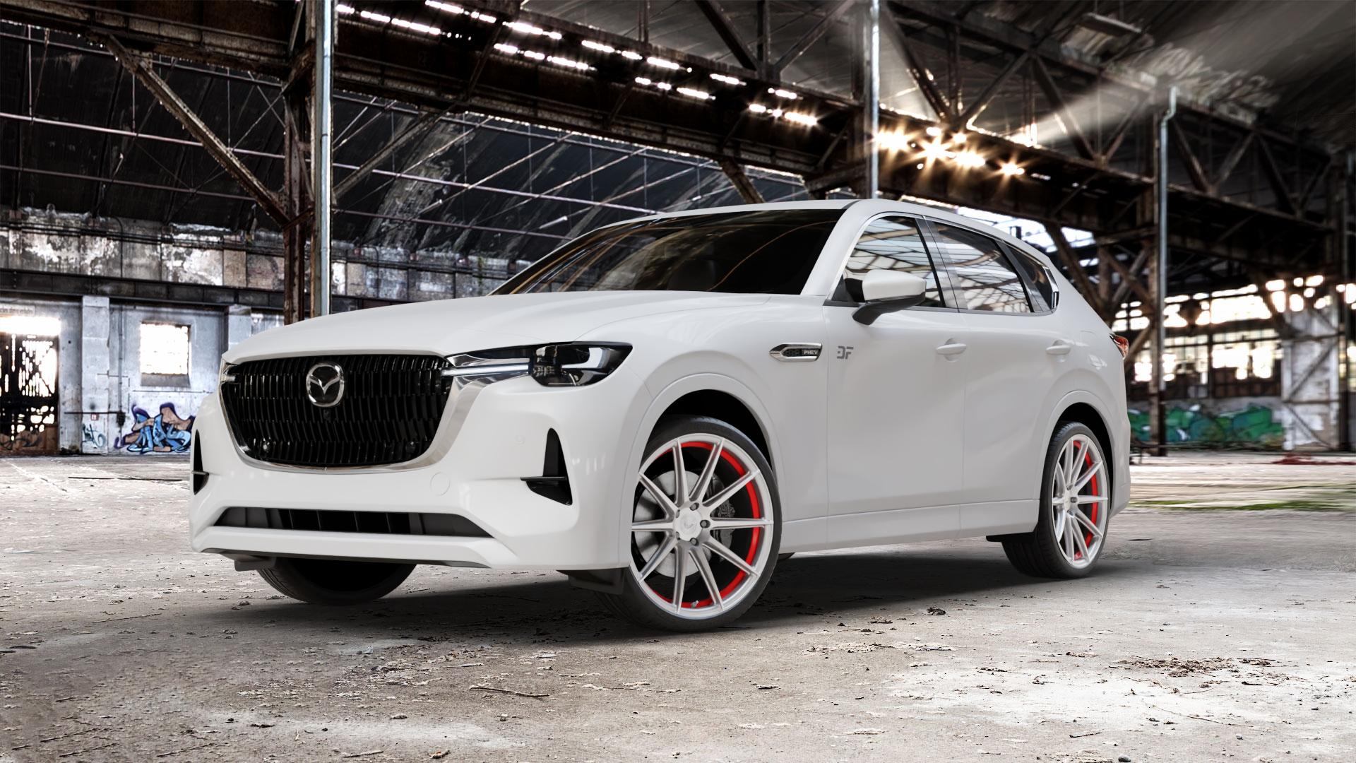 BARRACUDA Project 2.0 silver brushed/ undercut Color Trim rot Felge mit Reifen silber farbige Outline mehrfarbig in 22Zoll Alufelge auf weissem Mazda CX-60 Typ KH01 CX ⬇️ mit 15mm Tieferlegung ⬇️ Old Industrial Hall_max_5300mm_2024 Frontansicht_1
