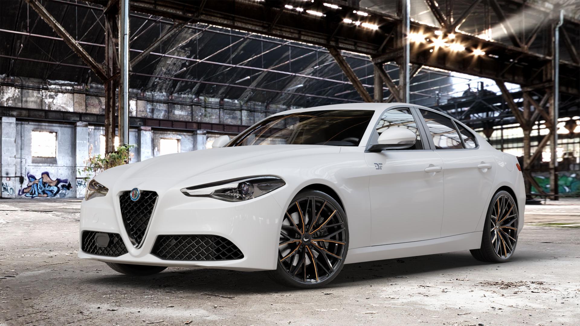 BARRACUDA Project 3.0 Black gloss flashcopper Felge mit Reifen schwarz bronze mehrfarbig in 20Zoll Winterfelge Alufelge auf weissem Alfa Romeo Giulia Typ 952 ⬇️ mit 15mm Tieferlegung ⬇️ Old Industrial Hall_max_4400mm_2024 Frontansicht_1