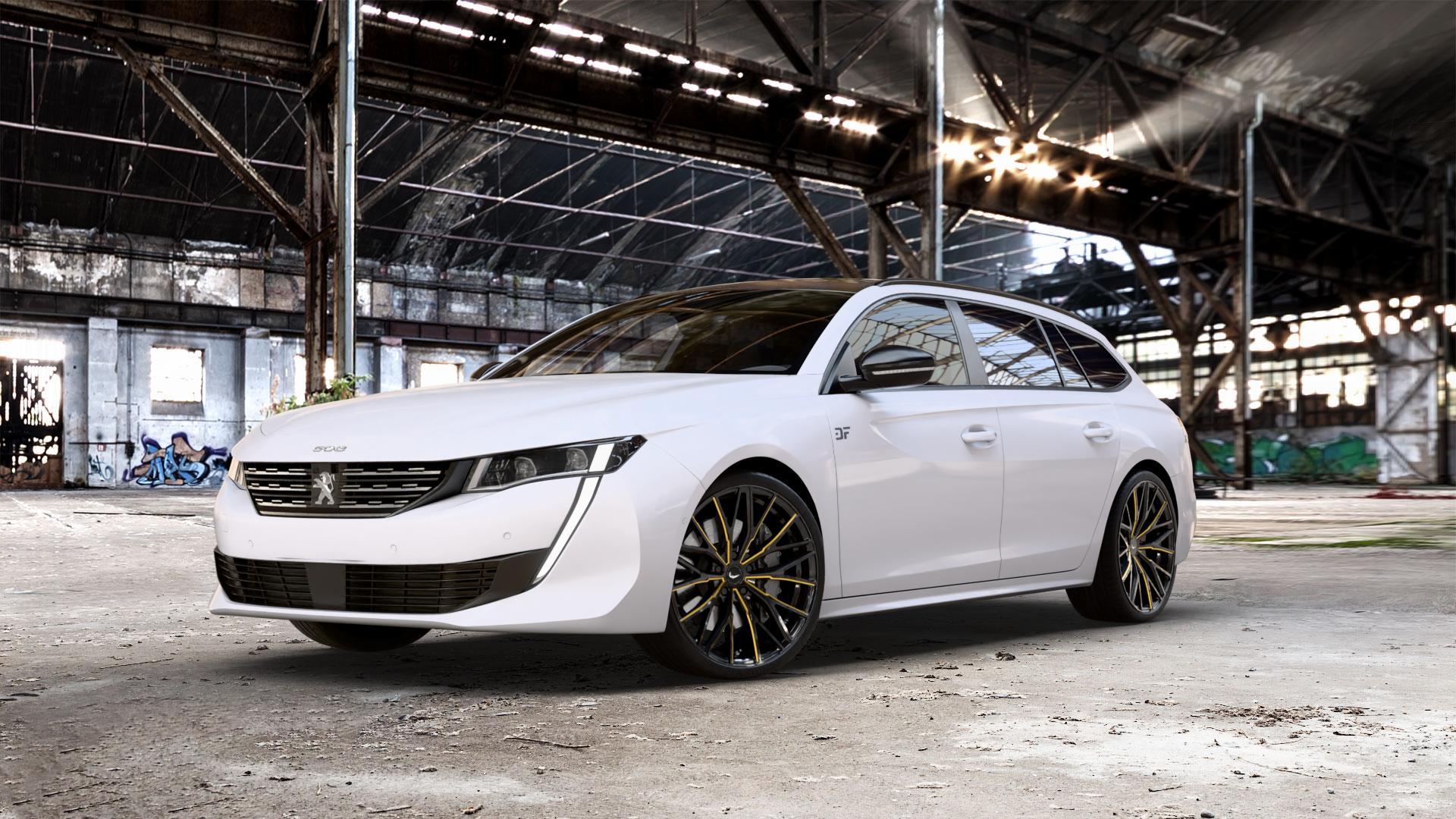 BARRACUDA Project 3.0 Black gloss Flashgold Felge mit Reifen schwarz mehrfarbig in 20Zoll Winterfelge Alufelge auf weissem Peugeot 508 Typ F SW ⬇️ mit 15mm Tieferlegung ⬇️ Old Industrial Hall_max_5300mm_2024 Frontansicht_1
