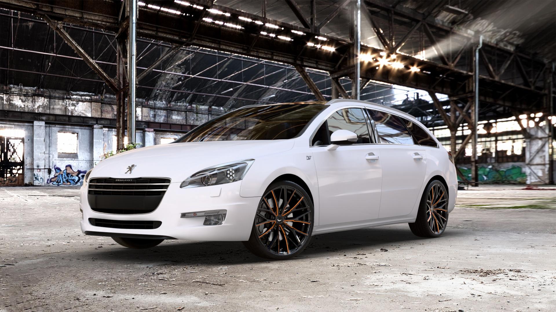 BARRACUDA Project 3.0 Black gloss Flashorange Felge mit Reifen schwarz mehrfarbig in 20Zoll Winterfelge Alufelge auf weissem Peugeot 508 Typ 8 SW ⬇️ mit 15mm Tieferlegung ⬇️ Old Industrial Hall_max_5300mm_2024 Frontansicht_1