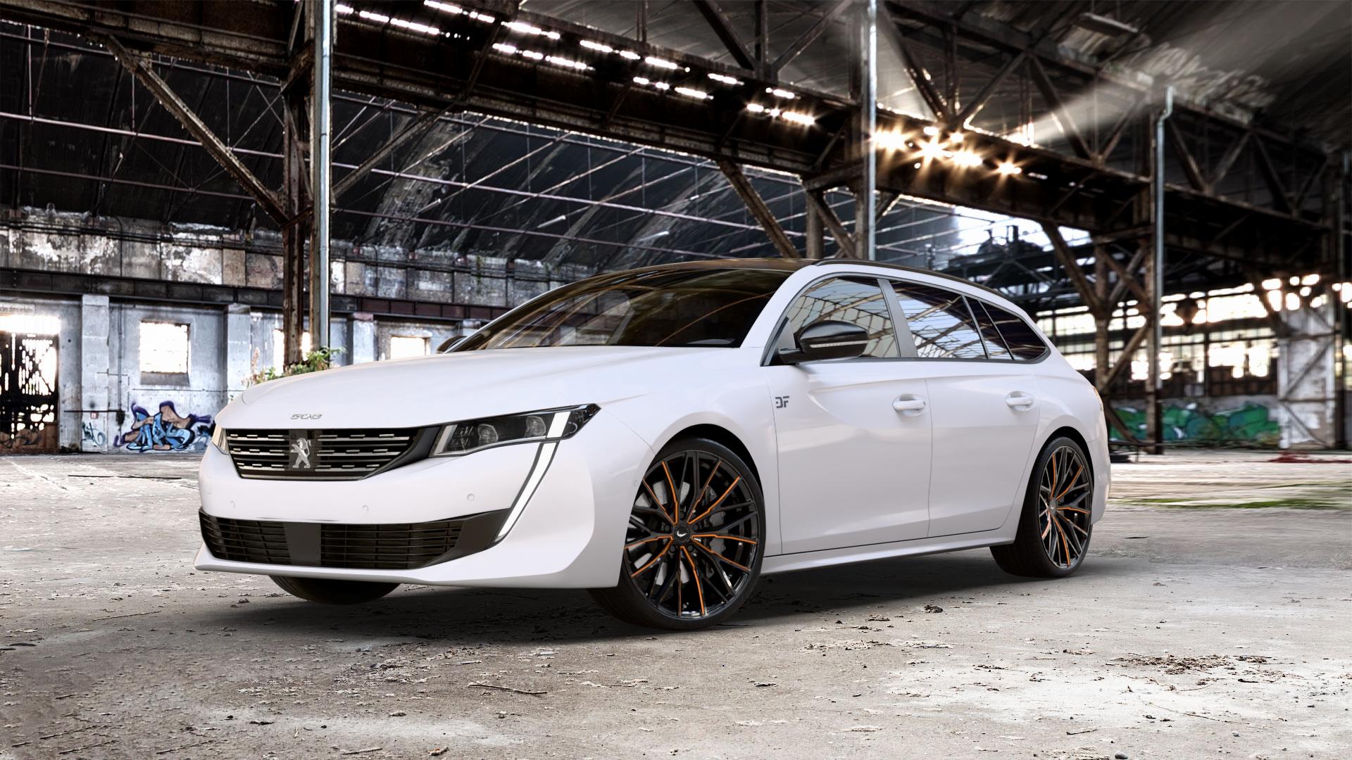 BARRACUDA Project 3.0 Black gloss Flashorange Felge mit Reifen schwarz mehrfarbig in 20Zoll Winterfelge Alufelge auf weissem Peugeot 508 Typ F SW ⬇️ mit 15mm Tieferlegung ⬇️ Old Industrial Hall_max_5300mm_2024 Frontansicht_1