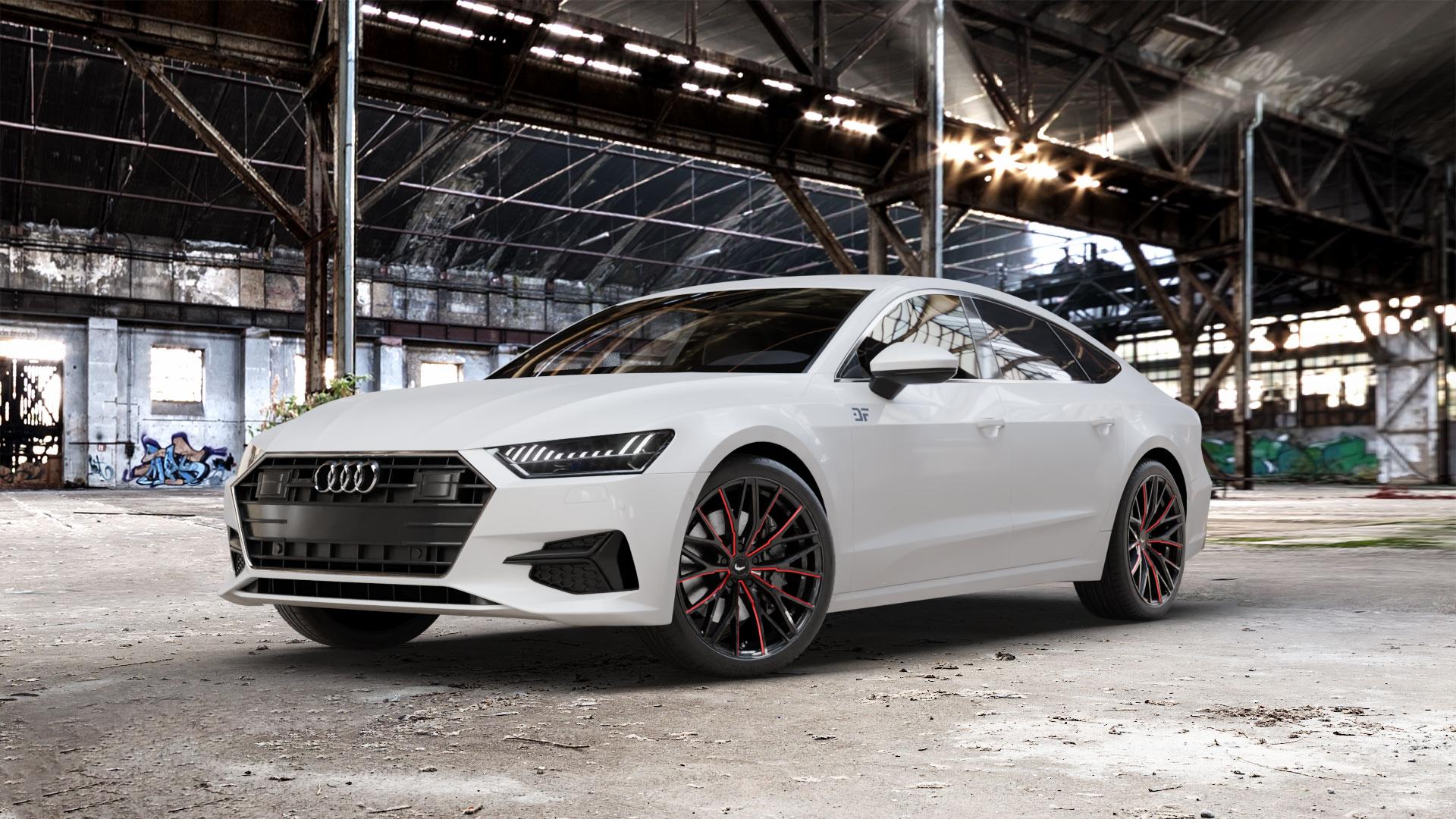 BARRACUDA Project 3.0 Black gloss Flashred Felge mit Reifen schwarz rot mehrfarbig in 20Zoll Winterfelge Alufelge auf weissem Audi A7 Typ F2/C8 (Sportback) ⬇️ mit 15mm Tieferlegung ⬇️ Old Industrial Hall_max_5300mm_2024 Frontansicht_1