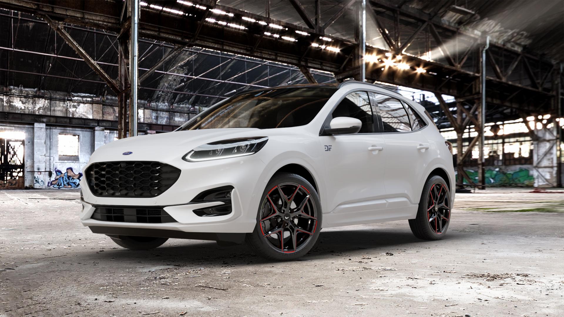 BARRACUDA Razzer Flash RED Puresports gefräst Felge mit Reifen schwarz rot weiss mehrfarbig Glänzend Burning Red (Rot) in 20Zoll Winterfelge Alufelge auf weissem Ford Kuga III Typ DFK ⬇️ mit 15mm Tieferlegung ⬇️ Old Industrial Hall_max_5300mm_2024 Frontansicht_1