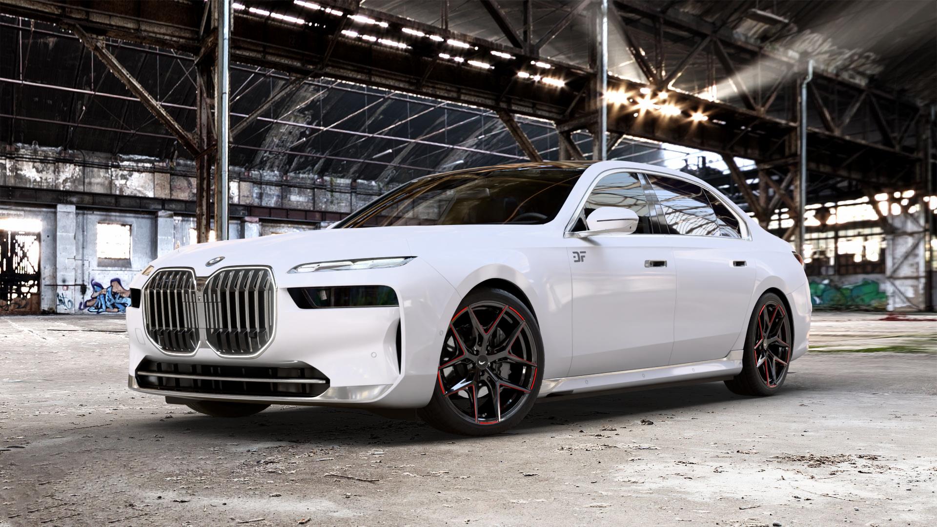 BARRACUDA Razzer Flash RED Puresports gefräst Felge mit Reifen schwarz rot weiss mehrfarbig Glänzend Burning Red (Rot) in 21Zoll Winterfelge Alufelge auf weissem BMW 7er G70 Limousine (G7L) ⬇️ mit 15mm Tieferlegung ⬇️ Old Industrial Hall_max_5300mm_2024 Frontansicht_1