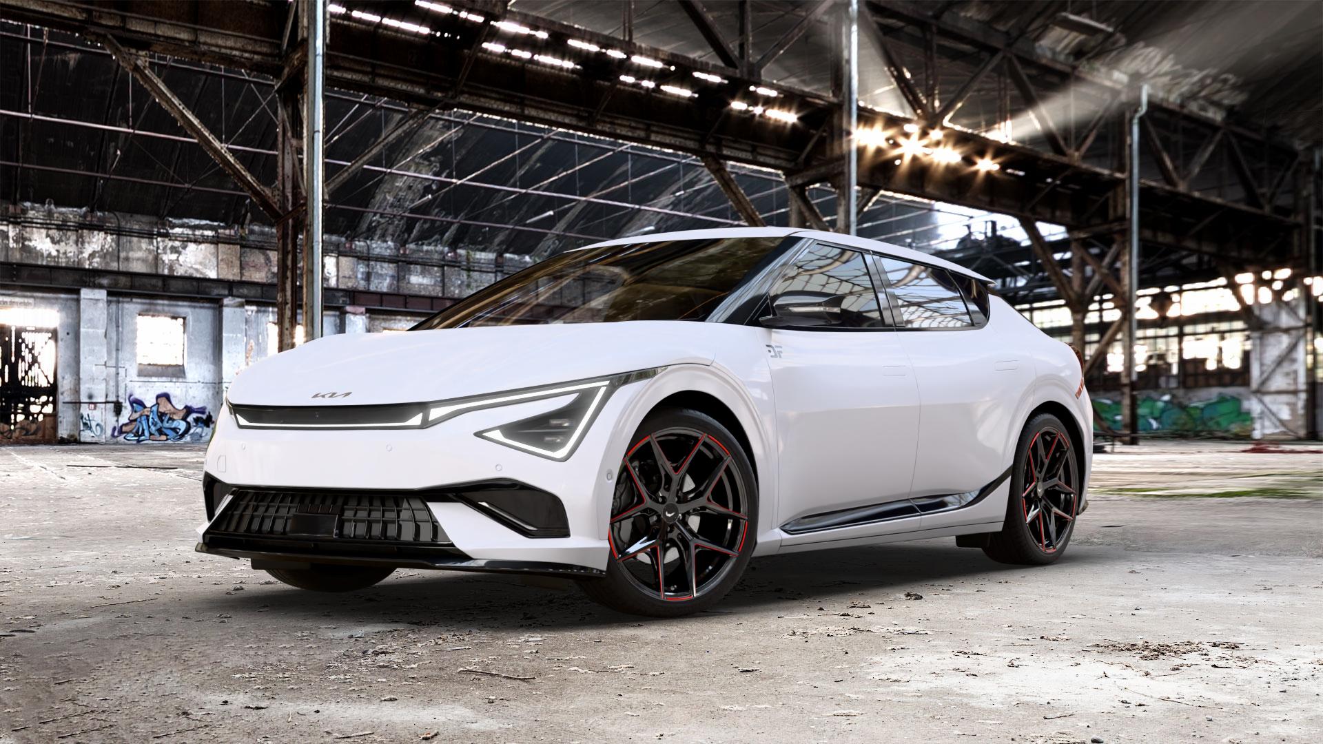 BARRACUDA Razzer Flash RED Puresports gefräst Felge mit Reifen schwarz rot weiss mehrfarbig Glänzend Burning Red (Rot) in 21Zoll Winterfelge Alufelge auf weissem Kia EV6 Typ CV Facelift 0,0l GT AWD 159kW (216 PS) ⬇️ mit 15mm Tieferlegung ⬇️ Old Industrial Hall_max_5300mm_2024 Frontansicht_1