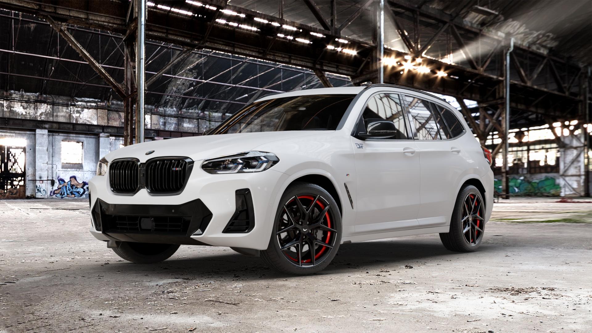 BARRACUDA Razzer Mattblack undercut Trimline rot Puresports gefräst Felge mit Reifen schwarz weiss schwarz matt in 20Zoll Winterfelge Alufelge auf weissem BMW X3 Typ G01 (G3X) Facelift ⬇️ mit 15mm Tieferlegung ⬇️ Old Industrial Hall_max_5300mm_2024 Frontansicht_1