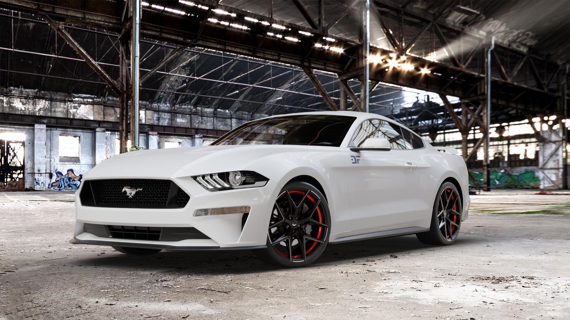 BARRACUDA Razzer Mattblack undercut Trimline rot Puresports gefräst Felge mit Reifen schwarz weiss schwarz matt in 21Zoll Winterfelge Alufelge auf weissem Ford Mustang VI Coupe Typ LAE Facelift ⬇️ mit 15mm Tieferlegung ⬇️ Old Industrial Hall_max_5300mm_2024 Frontansicht_1