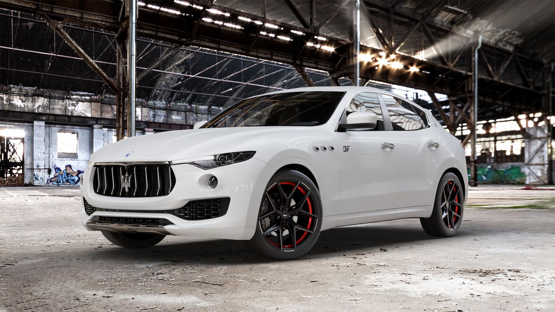 BARRACUDA Razzer Mattblack undercut Trimline rot Puresports gefräst Felge mit Reifen schwarz weiss schwarz matt in 21Zoll Winterfelge Alufelge auf weissem Maserati Levante Typ M156 ⬇️ mit 15mm Tieferlegung ⬇️ Old Industrial Hall_max_5300mm_2024 Frontansicht_1