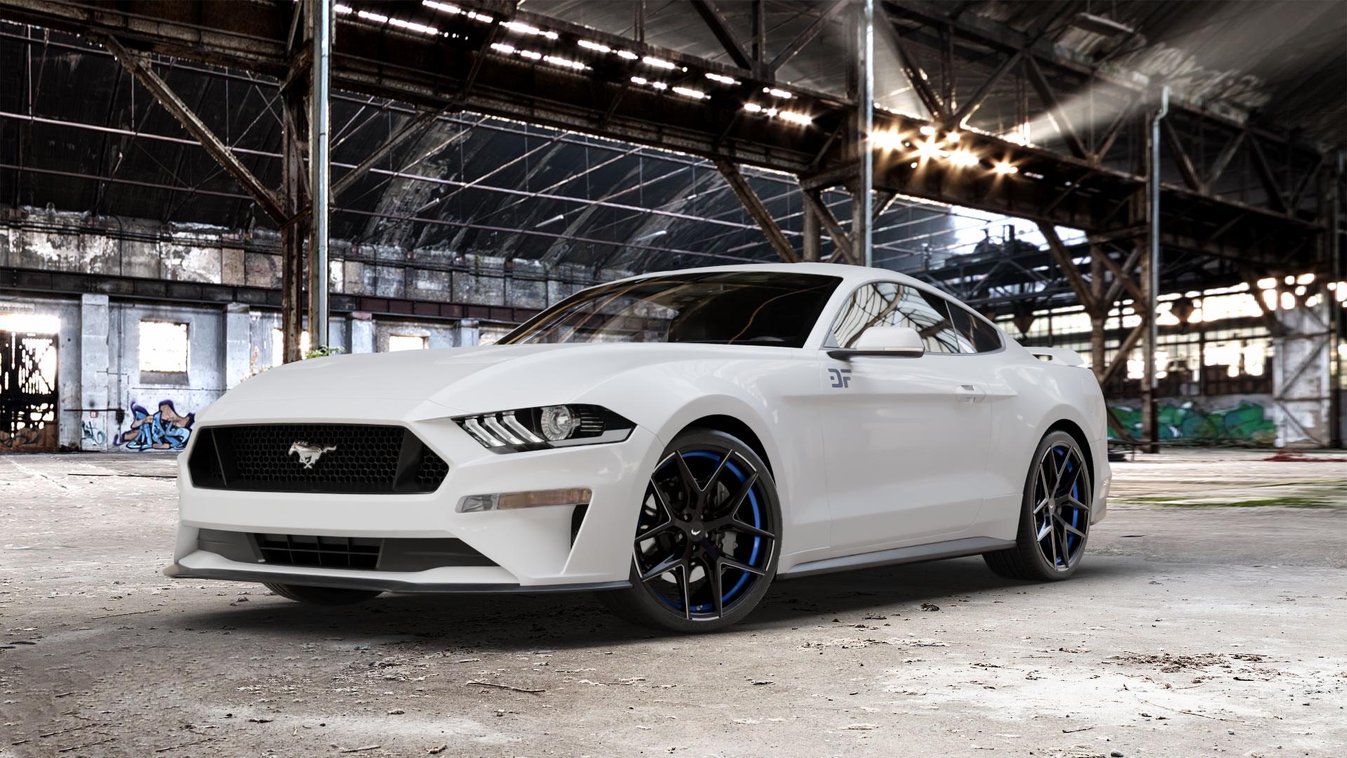BARRACUDA Razzer Mattblack undertcut Trimline blau Puresports gefräst Felge mit Reifen schwarz weiss schwarz matt in 21Zoll Winterfelge Alufelge auf weissem Ford Mustang VI Coupe Typ LAE Facelift ⬇️ mit 15mm Tieferlegung ⬇️ Old Industrial Hall_max_5300mm_2024 Frontansicht_1