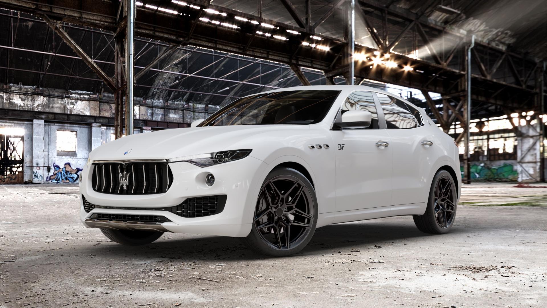 BARRACUDA SenZZo Mattblack Puresports Felge mit Reifen schwarz weiss in 22Zoll Winterfelge Alufelge auf weissem Maserati Levante Typ M156 ⬇️ mit 15mm Tieferlegung ⬇️ Old Industrial Hall_max_5300mm_2024 Frontansicht_1