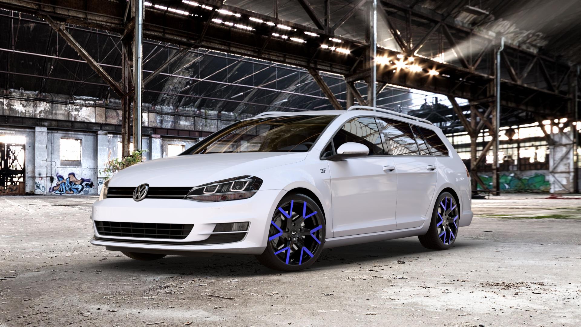 BARRACUDA Tzunamee Evo Black gloss Flashblue Felge mit Reifen schwarz blau mehrfarbig in 18Zoll Winterfelge Alufelge auf weissem Volkswagen (VW) Golf 7 Variant ⬇️ mit 15mm Tieferlegung ⬇️ Old Industrial Hall_max_5300mm_2024 Frontansicht_1