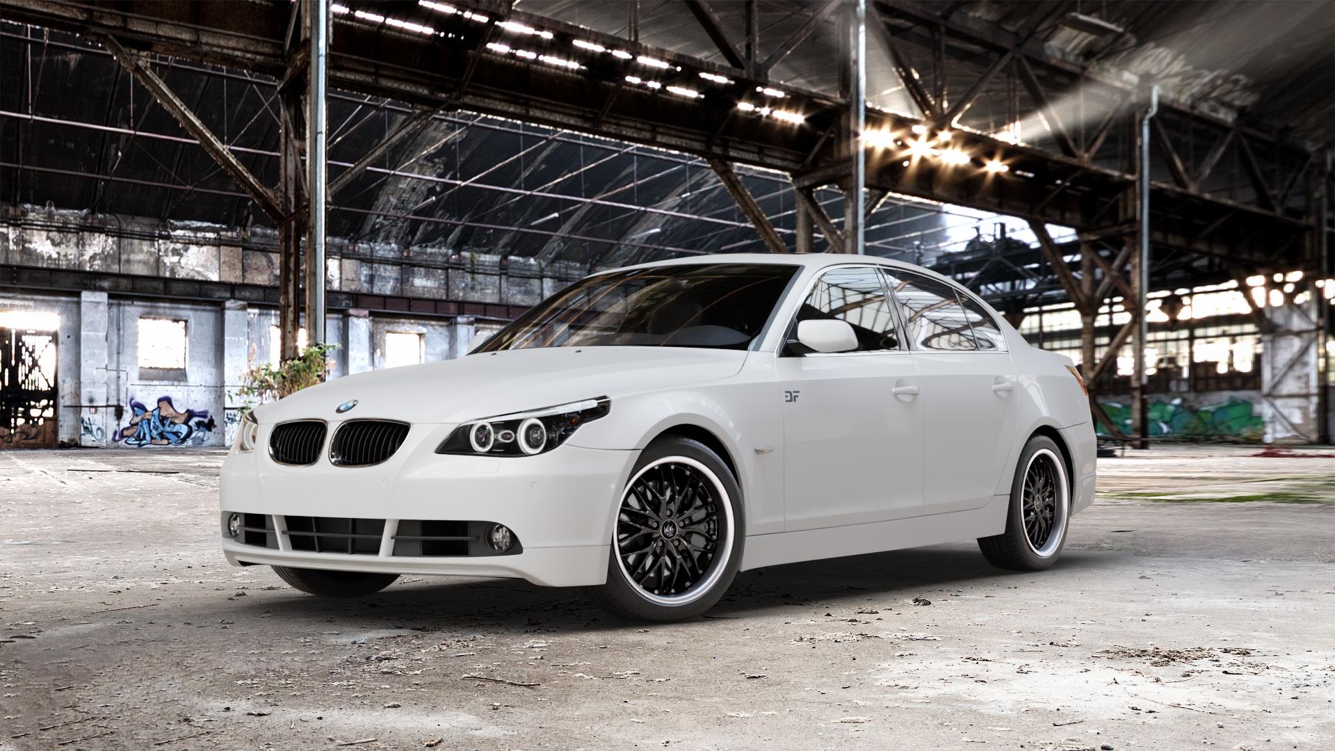 BARRACUDA Voltec T6 Higloss black inox lip Felge mit Reifen silber schwarz mehrfarbig in 18Zoll Alufelge auf weissem BMW 520i Typ E60 (Limousine) 525i 530i 530d 525d M5 535d 545i 523i 540i 550i 520d 525xd 530xd 530xi 525xi 5er Limousine (560L, 560X) ⬇️ mit 15mm Tieferlegung ⬇️ Old Industrial Hall_max_5300mm_2024 Frontansicht_1