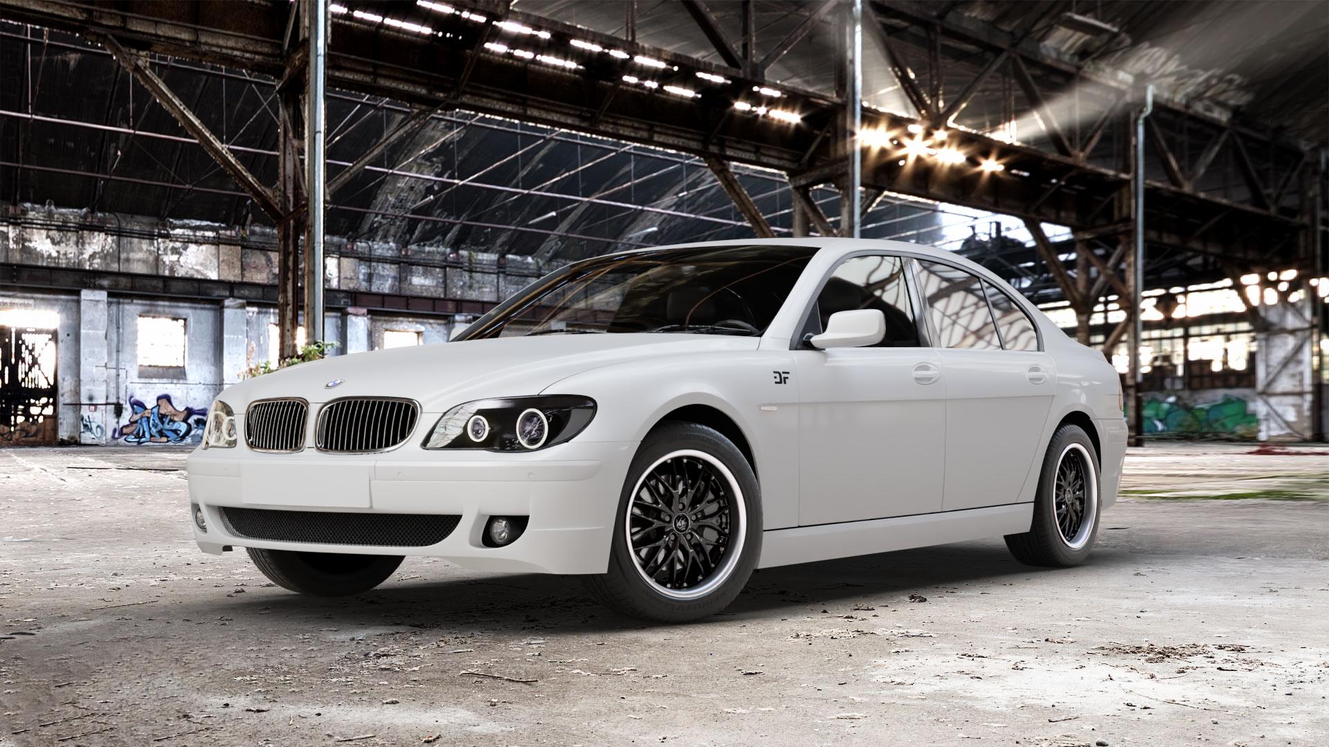 BARRACUDA Voltec T6 Higloss black inox lip Felge mit Reifen silber schwarz mehrfarbig in 18Zoll Alufelge auf weissem BMW 7er E65 Limousine (765, 767) E66 lang ⬇️ mit 15mm Tieferlegung ⬇️ Old Industrial Hall_max_5300mm_2024 Frontansicht_1
