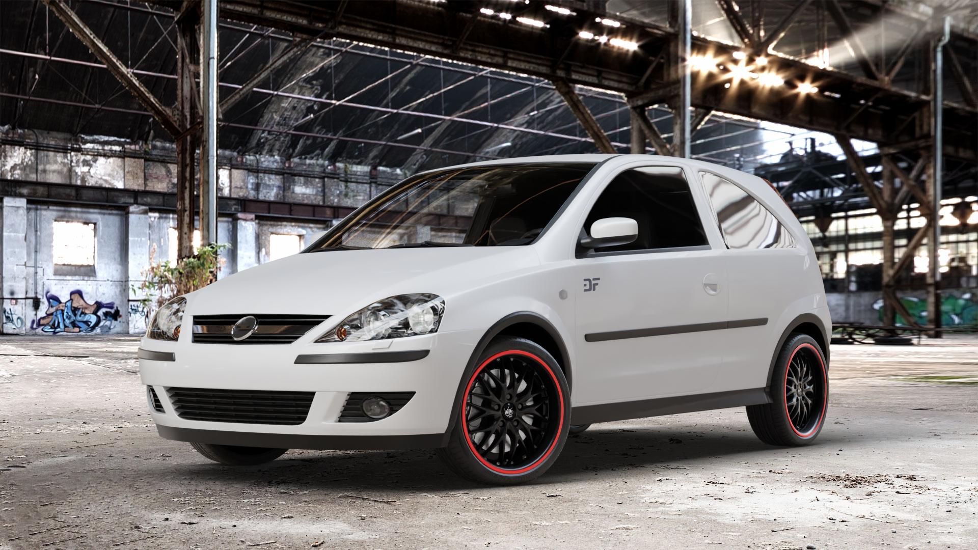 BARRACUDA Voltec T6 Mattblack Puresports / Color Trim rot Felge mit Reifen schwarz weiss farbige Outline mehrfarbig schwarz matt in 17Zoll Winterfelge Alufelge auf weissem Opel Corsa C Typ CORSA-C ⬇️ mit 15mm Tieferlegung ⬇️ Old Industrial Hall_max_4400mm_2024 Frontansicht_1