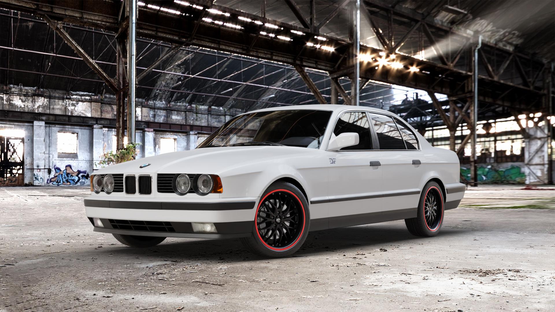 BARRACUDA Voltec T6 Mattblack Puresports / Color Trim rot Felge mit Reifen schwarz weiss farbige Outline mehrfarbig schwarz matt in 18Zoll Winterfelge Alufelge auf weissem BMW M5 Typ E34 (Limousine) 520i 525i 530i 535i 540i 525tds 518i 525td 524td E28 525ix (Touring) 5er Limousine (5/1) (5/H) Touring 6er E24 Coupé (6 CS) E12 1500- ⬇️ mit 15mm Tieferlegung ⬇️ Old Industrial Hall_max_5300mm_2024 Frontansicht_1