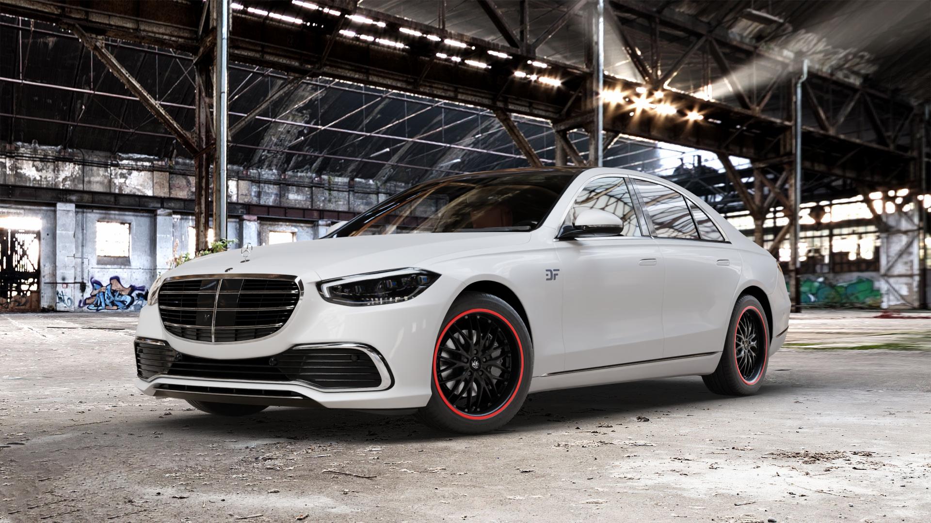 BARRACUDA Voltec T6 Mattblack Puresports / Color Trim rot Felge mit Reifen schwarz weiss farbige Outline mehrfarbig schwarz matt in 19Zoll Winterfelge Alufelge auf weissem Mercedes S-Klasse Typ W223 (R2S) ⬇️ mit 15mm Tieferlegung ⬇️ Old Industrial Hall_max_5300mm_2024 Frontansicht_1