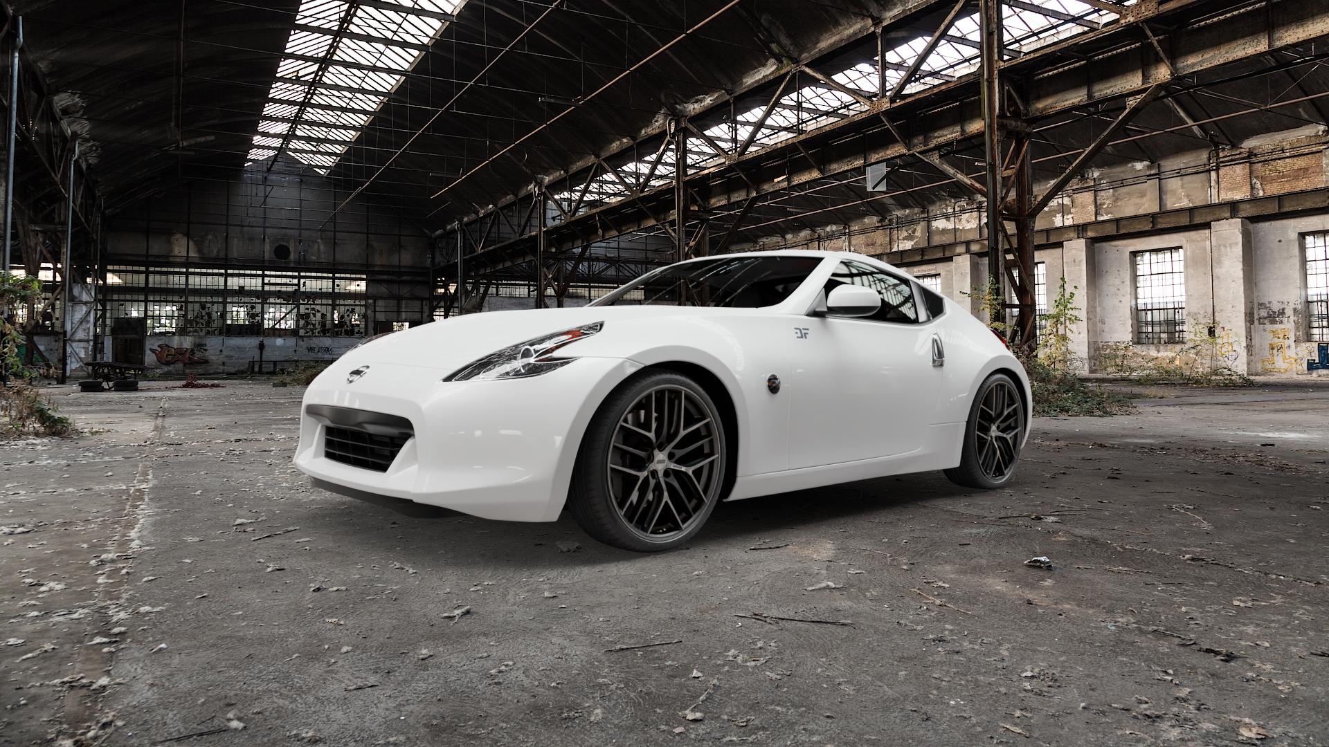 BBS CC-R graphit seidenmatt diagedreht Felge mit Reifen grau in 20Zoll Alufelge auf weissem Nissan 370Z Coupe ⬇️ mit 15mm Tieferlegung ⬇️ Old Industrial Hall_max5000mm_2022 Frontansicht_1