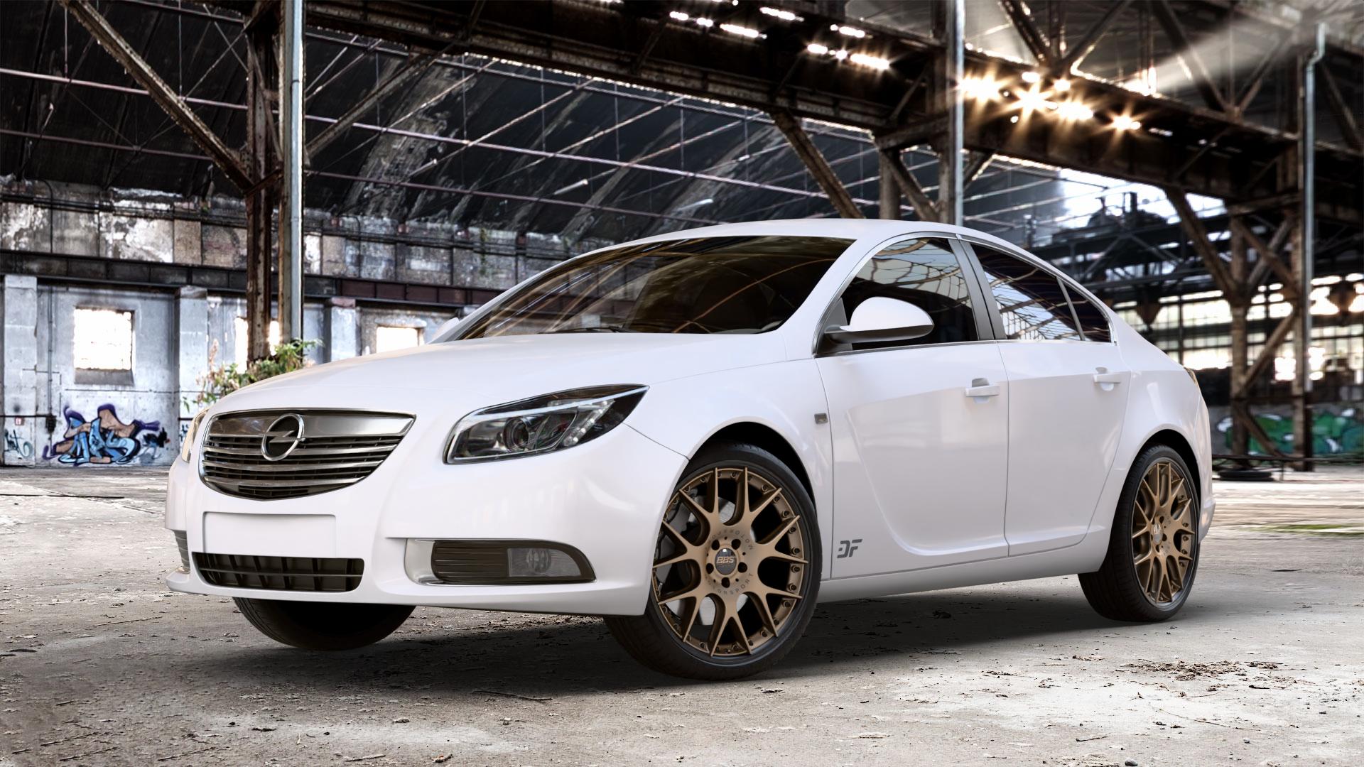 BBS CH-RII bronze seidenmatt/schwarz Felge mit Reifen mehrfarbig in 20Zoll Winterfelge Alufelge auf weissem Opel Insignia I Stufenheck Fließheck Facelift ⬇️ mit 15mm Tieferlegung ⬇️ Old Industrial Hall_max_4400mm_2024 Frontansicht_1