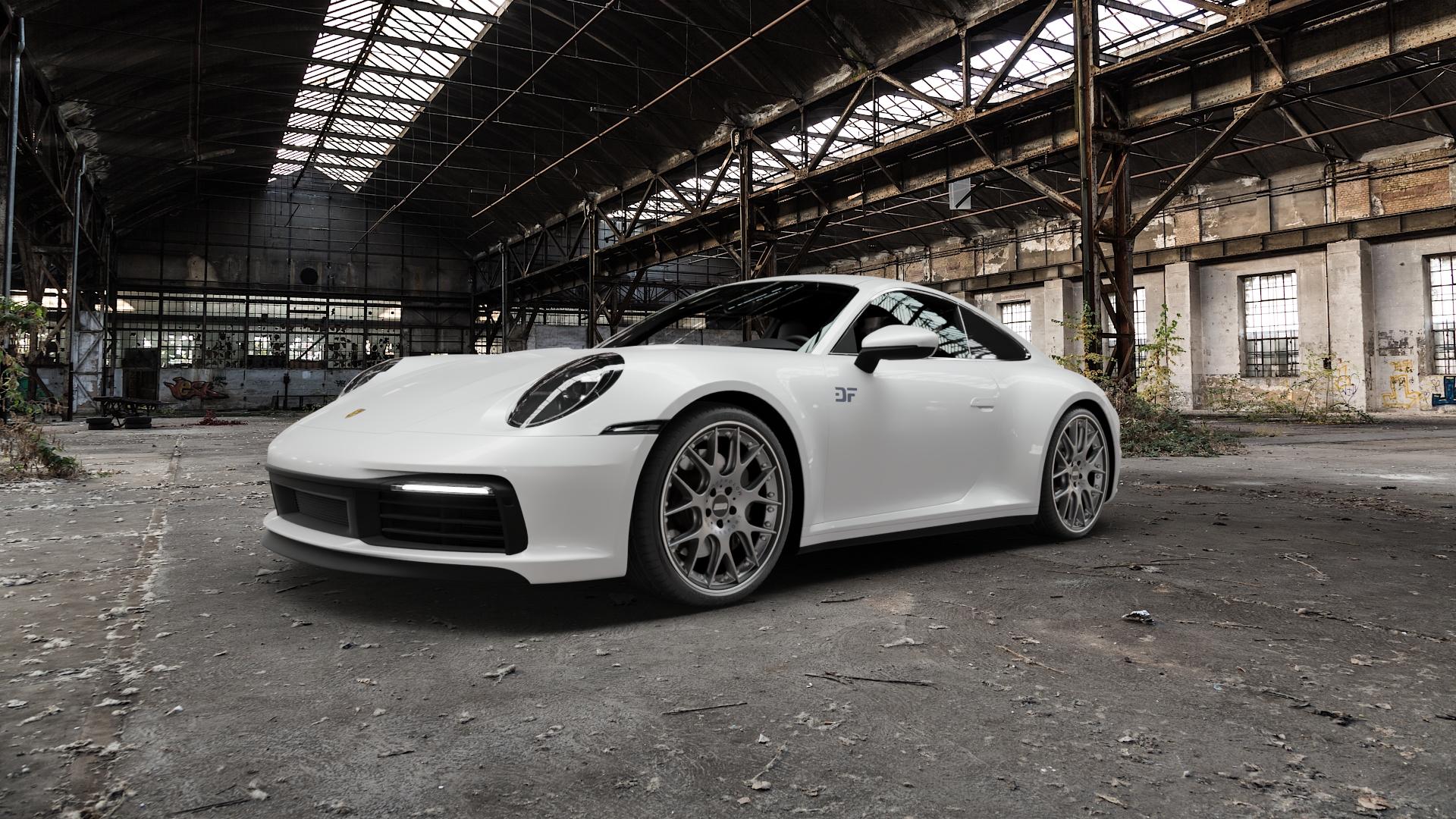 BBS CH-RII platinum/schwarz Felge mit Reifen Titan mehrfarbig in 20Zoll Winterfelge Alufelge auf weissem Porsche 911 Typ 992 Cabriolet 992TR Targa Facelift ⬇️ mit 15mm Tieferlegung ⬇️ Old Industrial Hall_max5000mm_2022 Frontansicht_1