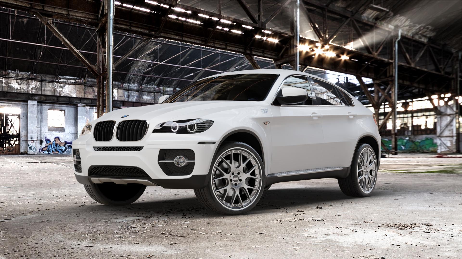 BBS CH-RII platinum/schwarz Felge mit Reifen Titan mehrfarbig in 22Zoll Winterfelge Alufelge auf weissem BMW X6 Typ E71 (X70, X6, X-N1, HY) ⬇️ mit 15mm Tieferlegung ⬇️ Old Industrial Hall_max_5300mm_2024 Frontansicht_1