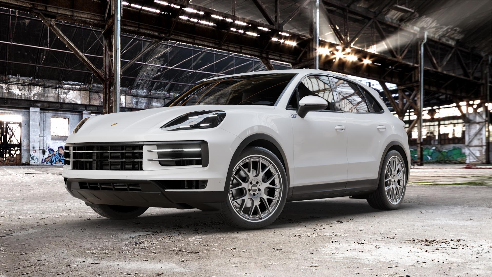 BBS CH-RII platinum/schwarz Felge mit Reifen Titan mehrfarbig in 22Zoll Winterfelge Alufelge auf weissem Porsche Cayenne III Typ 9YA Facelift ⬇️ mit 15mm Tieferlegung ⬇️ Old Industrial Hall_max_5300mm_2024 Frontansicht_1