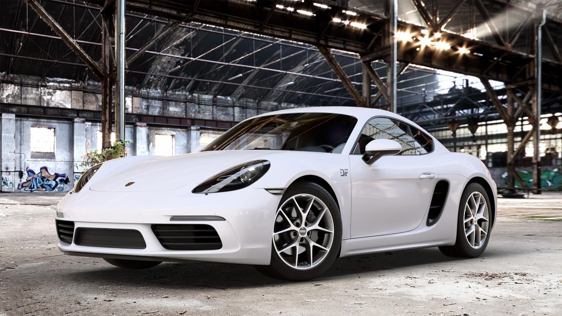 BBS SR himalaya-grau matt Felge mit Reifen in 18Zoll Winterfelge Alufelge auf weissem Porsche 718 Cayman Typ 982 ⬇️ mit 15mm Tieferlegung ⬇️ Old Industrial Hall_max_4400mm_2024 Frontansicht_1