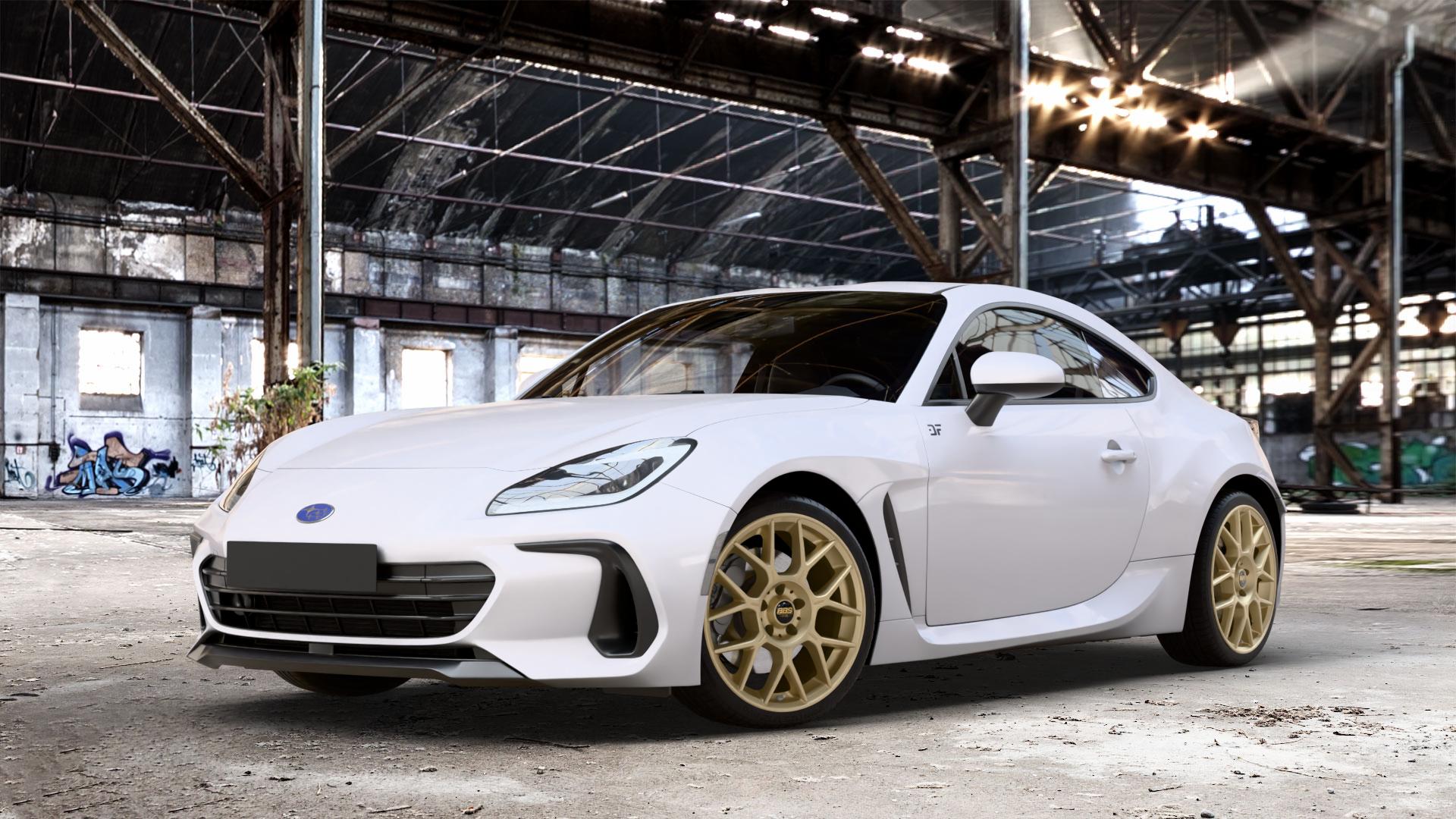 BBS XR bronze matt Felge mit Reifen in 18Zoll Winterfelge Alufelge auf weissem Subaru BRZ Typ Z2 2,4l 172kW (234 PS) ⬇️ mit 15mm Tieferlegung ⬇️ Old Industrial Hall_max_4400mm_2024 Frontansicht_1
