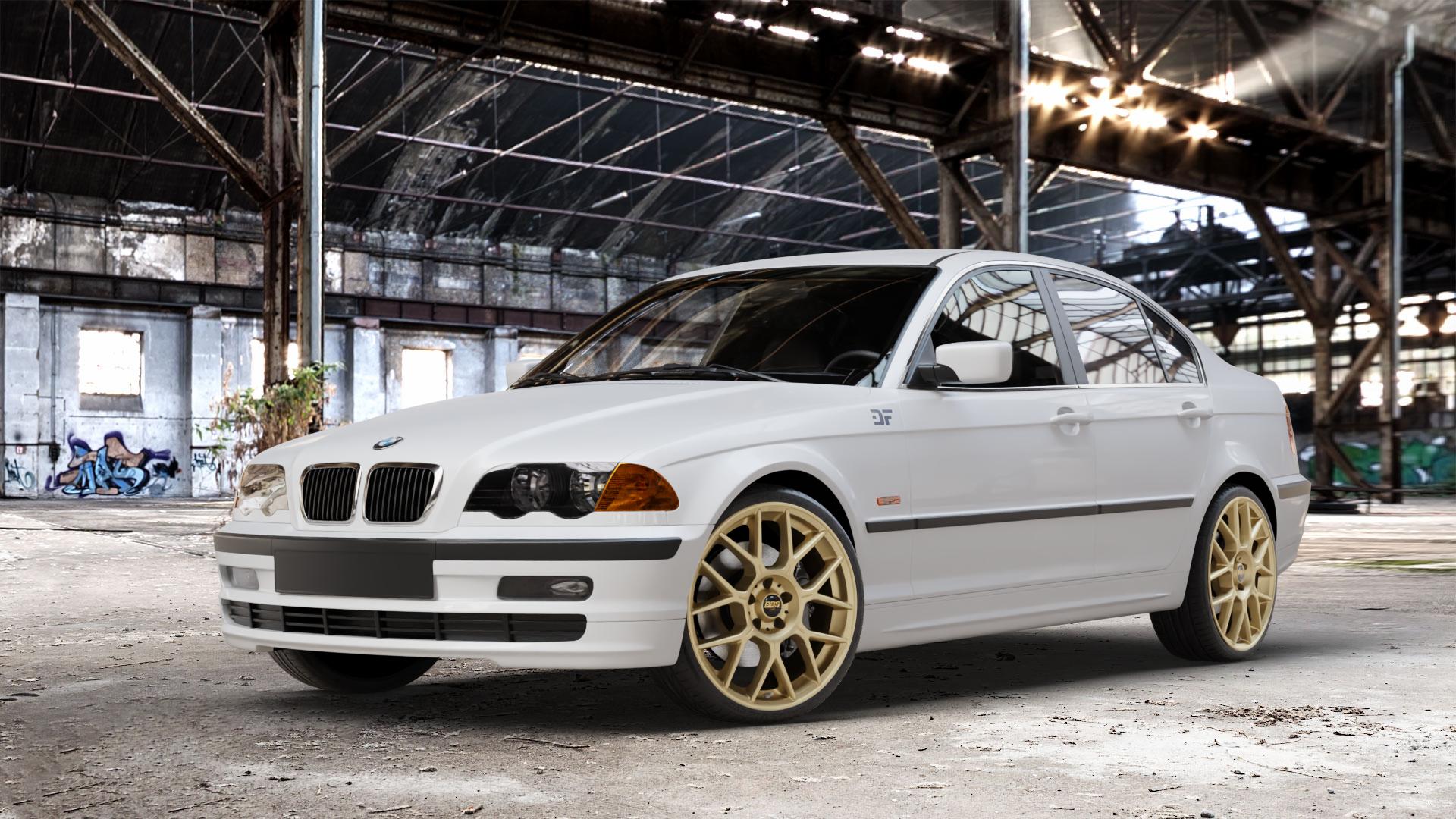 BBS XR bronze matt Felge mit Reifen in 19Zoll Winterfelge Alufelge auf weissem BMW 316i Typ E46 (Limousine) 318i 320i 323i 328i 325i 330d 330xd 330i 318d 320d 325xi 330xi 3er Limousine (346) ⬇️ mit 15mm Tieferlegung ⬇️ Old Industrial Hall_max_4400mm_2024 Frontansicht_1