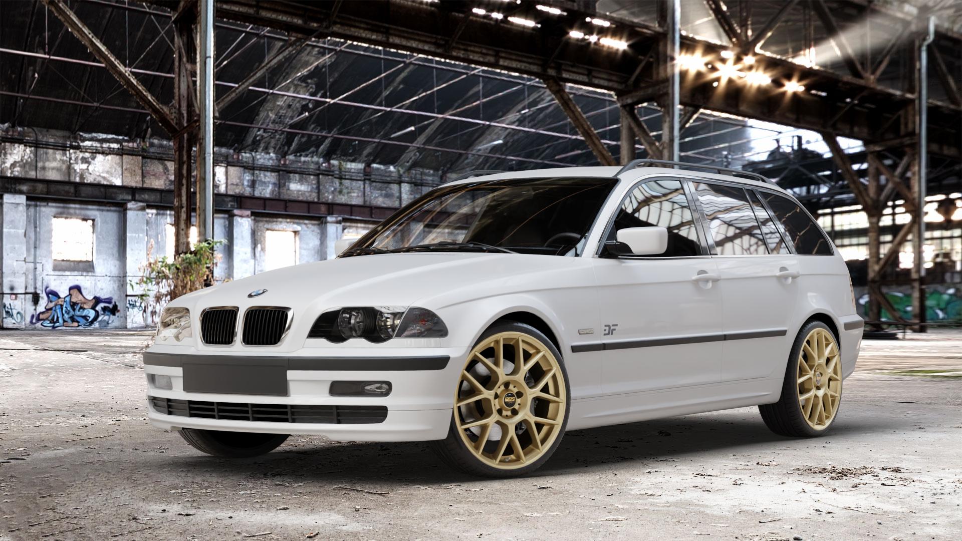 BBS XR bronze matt Felge mit Reifen in 19Zoll Winterfelge Alufelge auf weissem BMW 316i Typ E46 (Touring) 318d 318i 320d 320i 325i 325xi 328i 330d 330i 330xd 330xi 3er Touring (346L) ⬇️ mit 15mm Tieferlegung ⬇️ Old Industrial Hall_max_4400mm_2024 Frontansicht_1