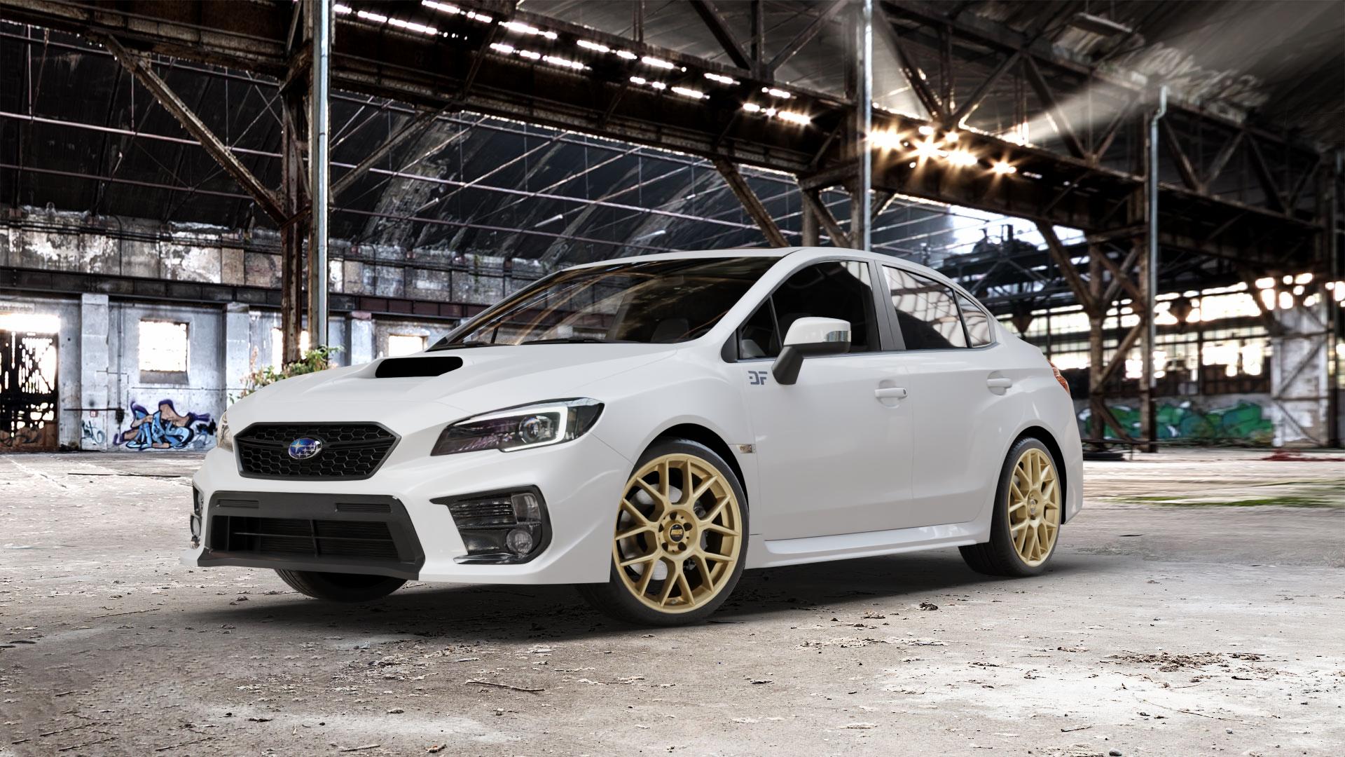 BBS XR bronze matt Felge mit Reifen in 19Zoll Winterfelge Alufelge auf weissem Subaru WRX Typ V1 Model 2018 ⬇️ mit 15mm Tieferlegung ⬇️ Old Industrial Hall_max_5300mm_2024 Frontansicht_1