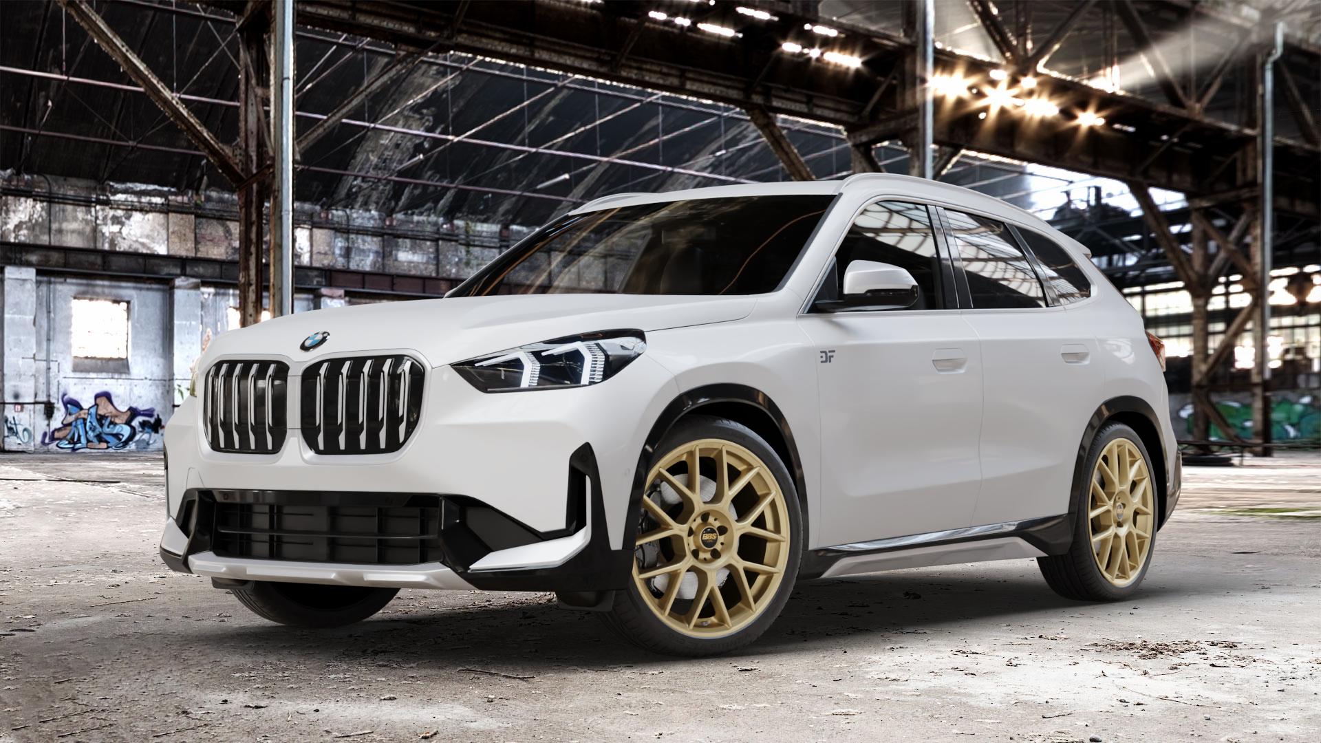 BBS XR bronze matt Felge mit Reifen in 20Zoll Winterfelge Alufelge auf weissem BMW X1 Typ U11 (U1X) ⬇️ mit 15mm Tieferlegung ⬇️ Old Industrial Hall_max_4400mm_2024 Frontansicht_1