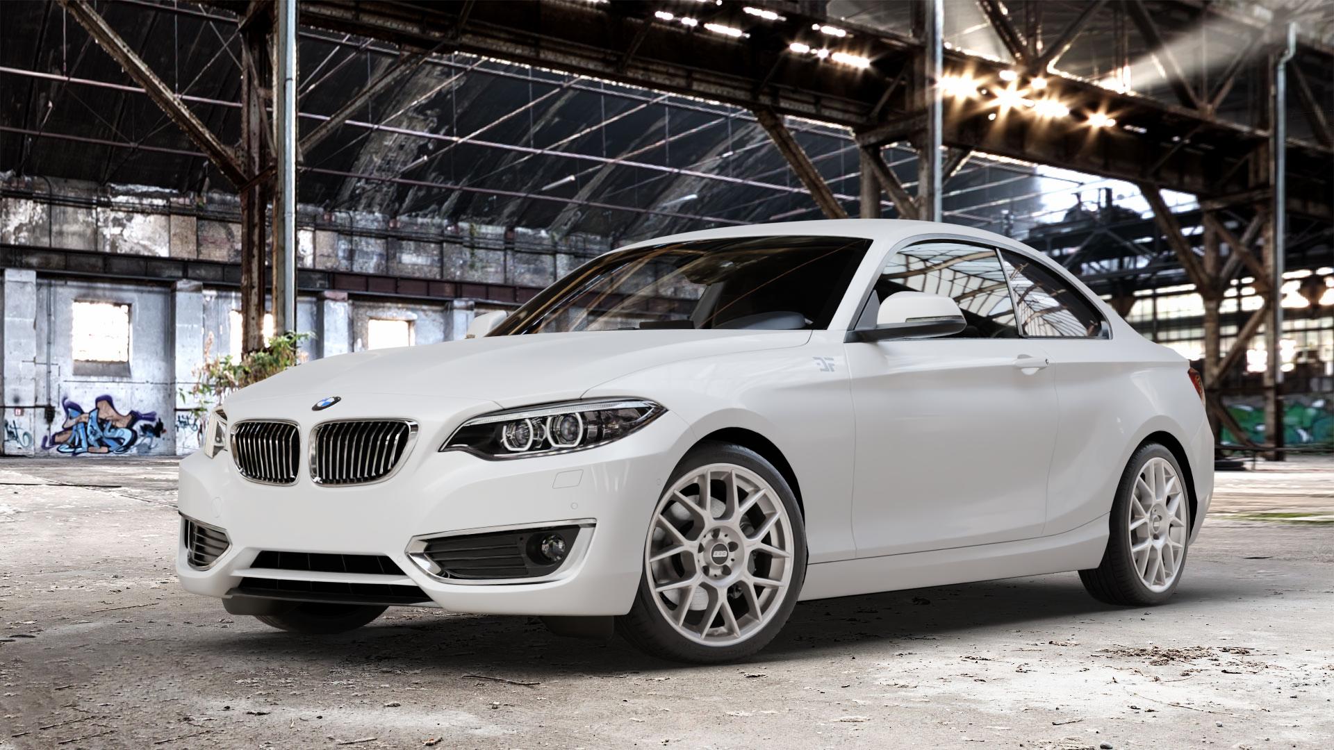 BBS XR platinum silber Felge mit Reifen grau in 18Zoll Winterfelge Alufelge auf weissem BMW 220d Typ F22 (Coupé) 220i 218d 225d 228i 218i xDrive 230i 2er Coupé (1C) ⬇️ mit 15mm Tieferlegung ⬇️ Old Industrial Hall_max_4400mm_2024 Frontansicht_1