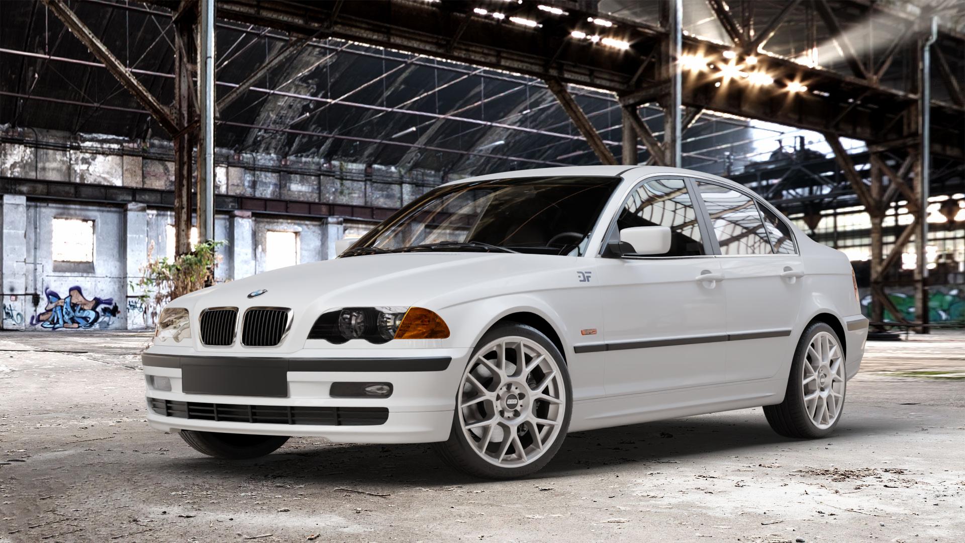 BBS XR platinum silber Felge mit Reifen grau in 18Zoll Winterfelge Alufelge auf weissem BMW 316i Typ E46 (Limousine) 318i 320i 323i 328i 325i 330d 330xd 330i 318d 320d 325xi 330xi 3er Limousine (346) ⬇️ mit 15mm Tieferlegung ⬇️ Old Industrial Hall_max_4400mm_2024 Frontansicht_1