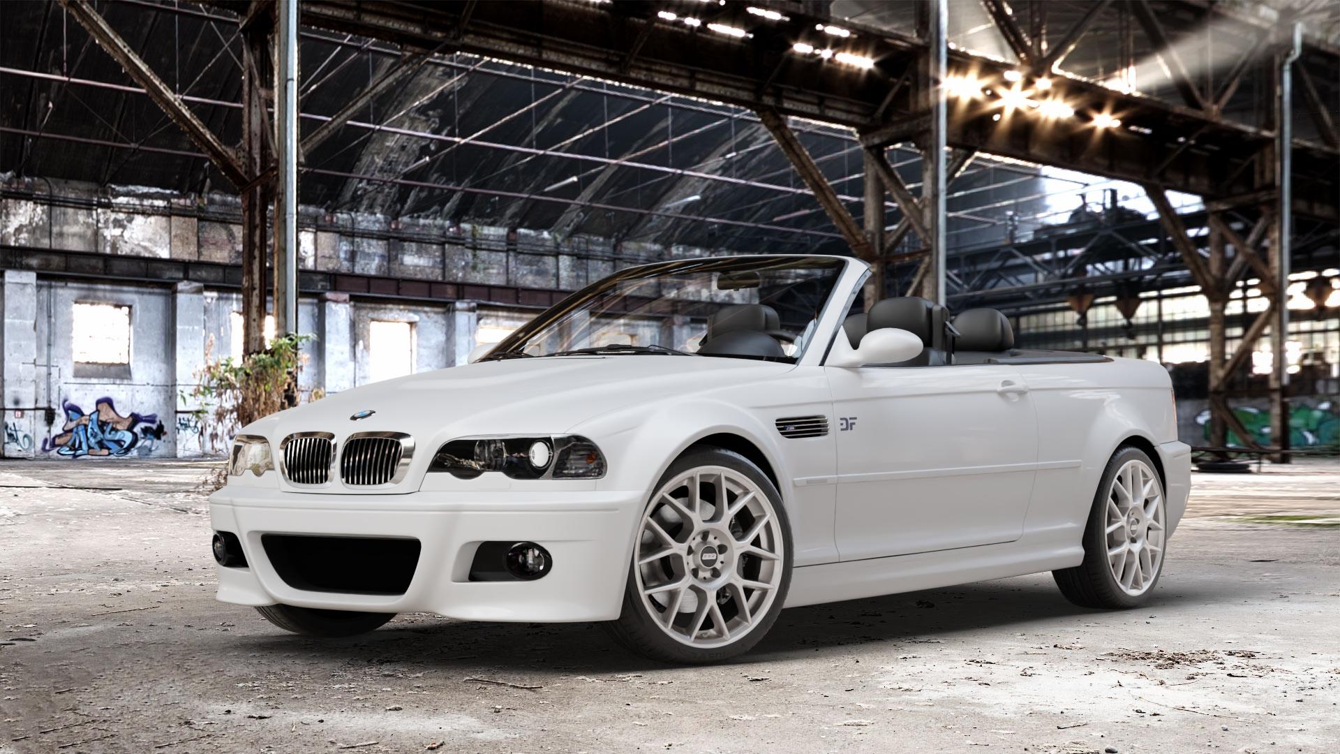BBS XR platinum silber Felge mit Reifen grau in 18Zoll Winterfelge Alufelge auf weissem BMW 320cd Typ E46 (Cabrio) 2,0l 110kW (150 PS) 320ci 2,2l 125kW (170 323ci 2,5l 325ci 141kW (192 330cd 3,0l 150kW (204 330ci 170kW (231 318ci 105kW (143 M3 3er C ⬇️ mit 15mm Tieferlegung ⬇️ Old Industrial Hall_max_4400mm_2024 Frontansicht_1