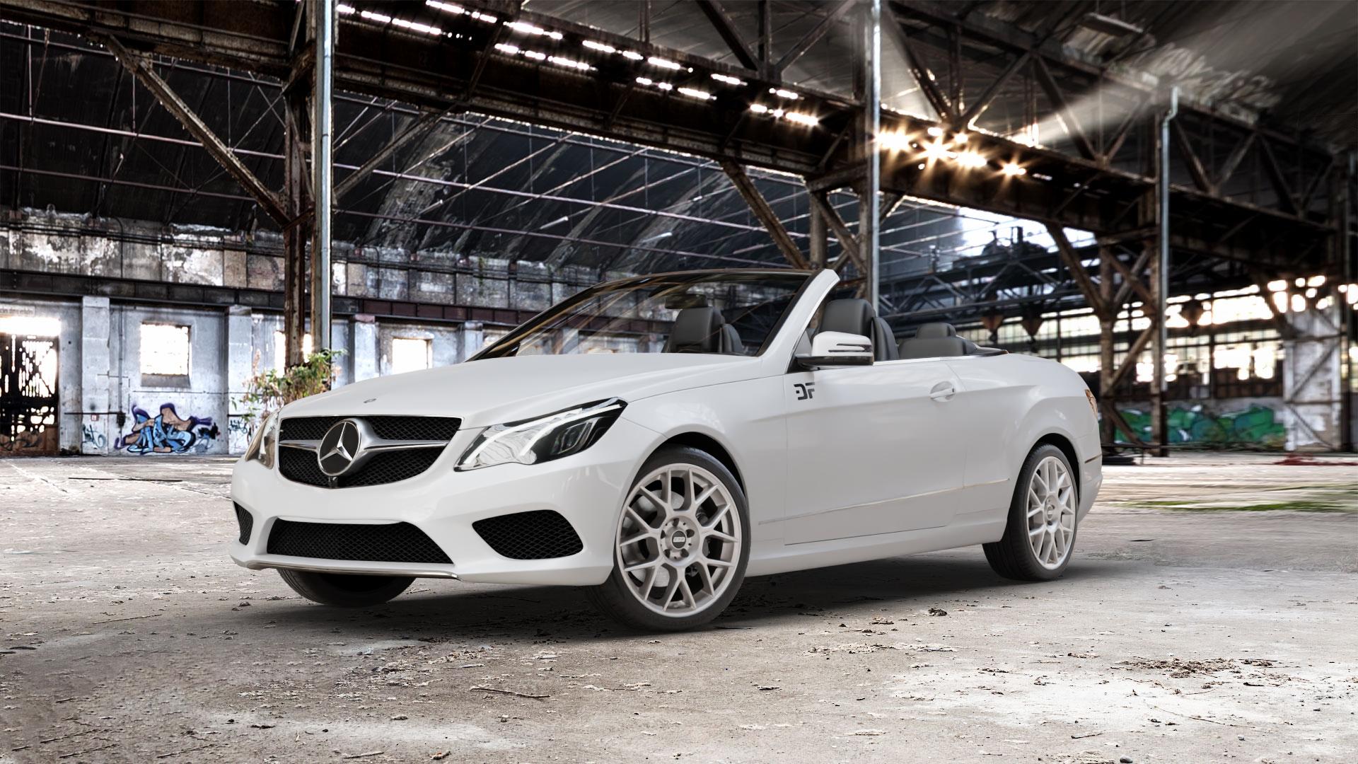 BBS XR platinum silber Felge mit Reifen grau in 18Zoll Winterfelge Alufelge auf weissem Mercedes E-Klasse Typ A207 Cabriolet Facelift Cabrio ⬇️ mit 15mm Tieferlegung ⬇️ Old Industrial Hall_max_5300mm_2024 Frontansicht_1