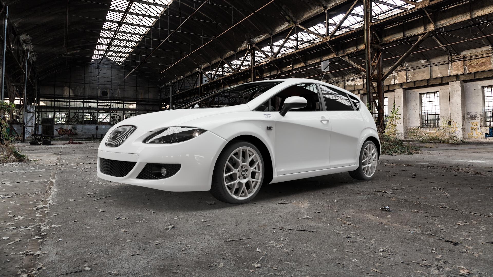 BBS XR platinum silber Felge mit Reifen grau in 18Zoll Winterfelge Alufelge auf weissem Seat Leon Typ 1P ⬇️ mit 15mm Tieferlegung ⬇️ Old Industrial Hall_max5000mm_2022 Frontansicht_1