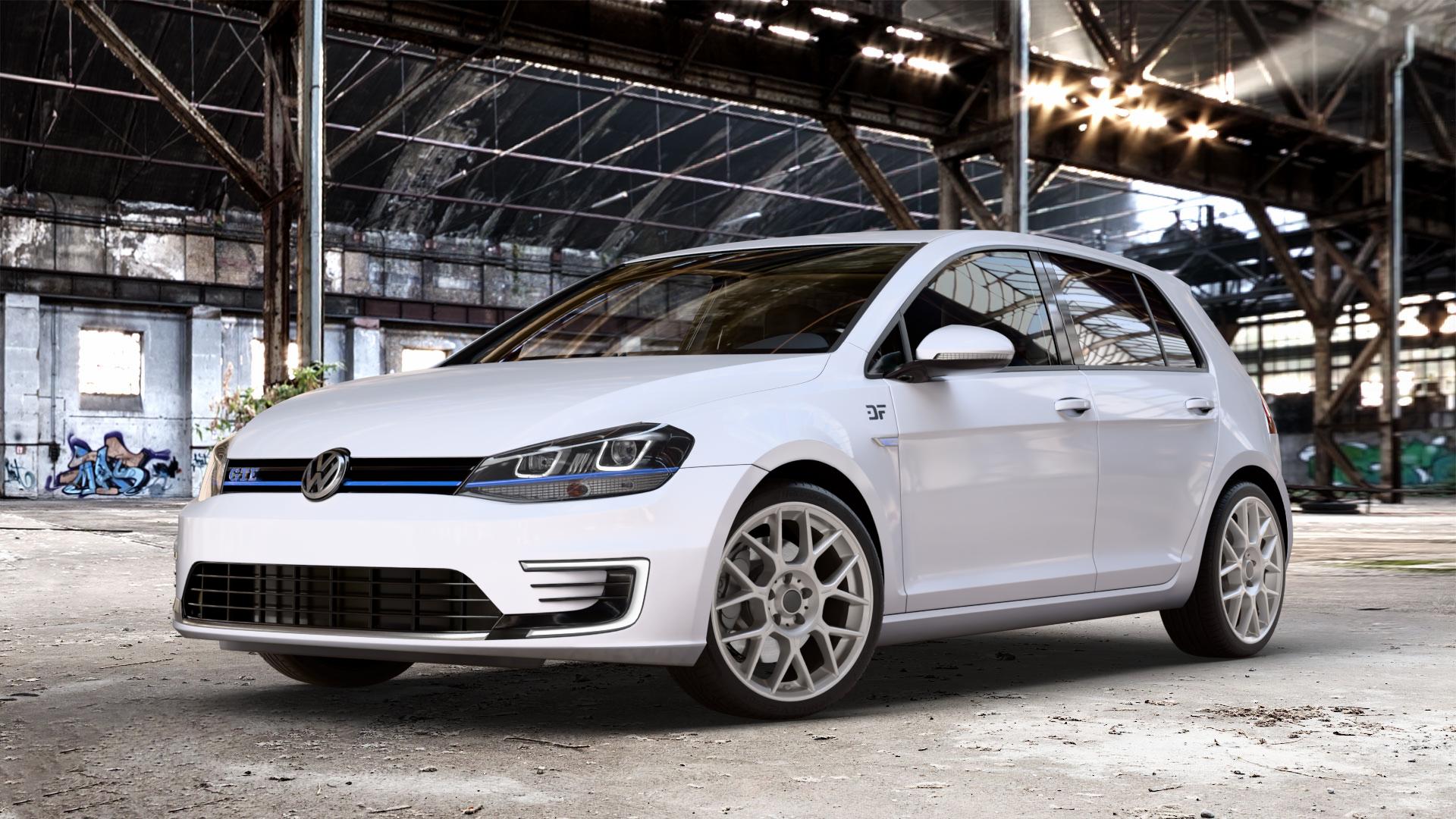 BBS XR platinum silber Felge mit Reifen grau in 18Zoll Winterfelge Alufelge auf weissem Volkswagen (VW) Golf 7 1,4l GTE Hybrid 110kW (150 PS) Facelift 0,0l e-Golf 100kW (136 ⬇️ mit 15mm Tieferlegung ⬇️ Old Industrial Hall_max_4400mm_2024 Frontansicht_1