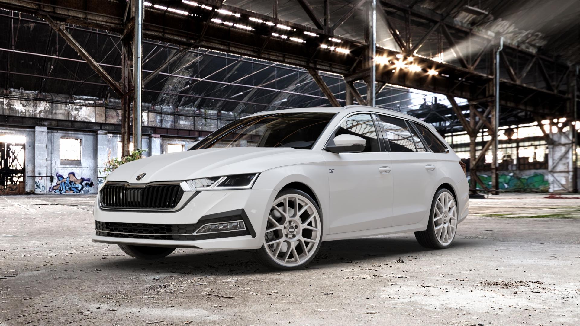 BBS XR platinum silber Felge mit Reifen grau in 20Zoll Winterfelge Alufelge auf weissem Skoda Octavia IV Kombi Typ NX ⬇️ mit 15mm Tieferlegung ⬇️ Old Industrial Hall_max_5300mm_2024 Frontansicht_1