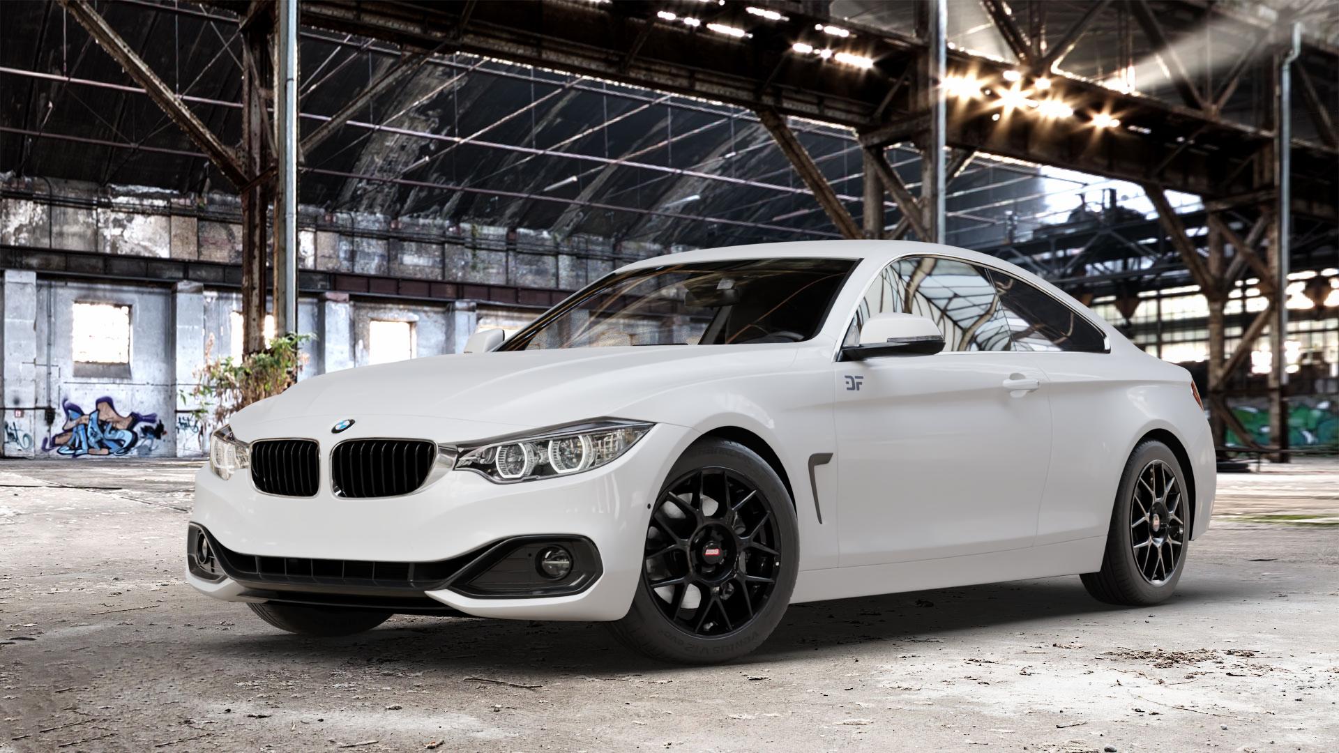BBS XR schwarz Felge mit Reifen in 17Zoll Winterfelge Alufelge auf weissem BMW 420d Typ F32 (Coupé) 428i xDrive 435i 430d 420i 435d 425d F36 (Gran Coupe) 418d 418i 430i 440i 4er Coupé (3C) ⬇️ mit 15mm Tieferlegung ⬇️ Old Industrial Hall_max_4400mm_2024 Frontansicht_1