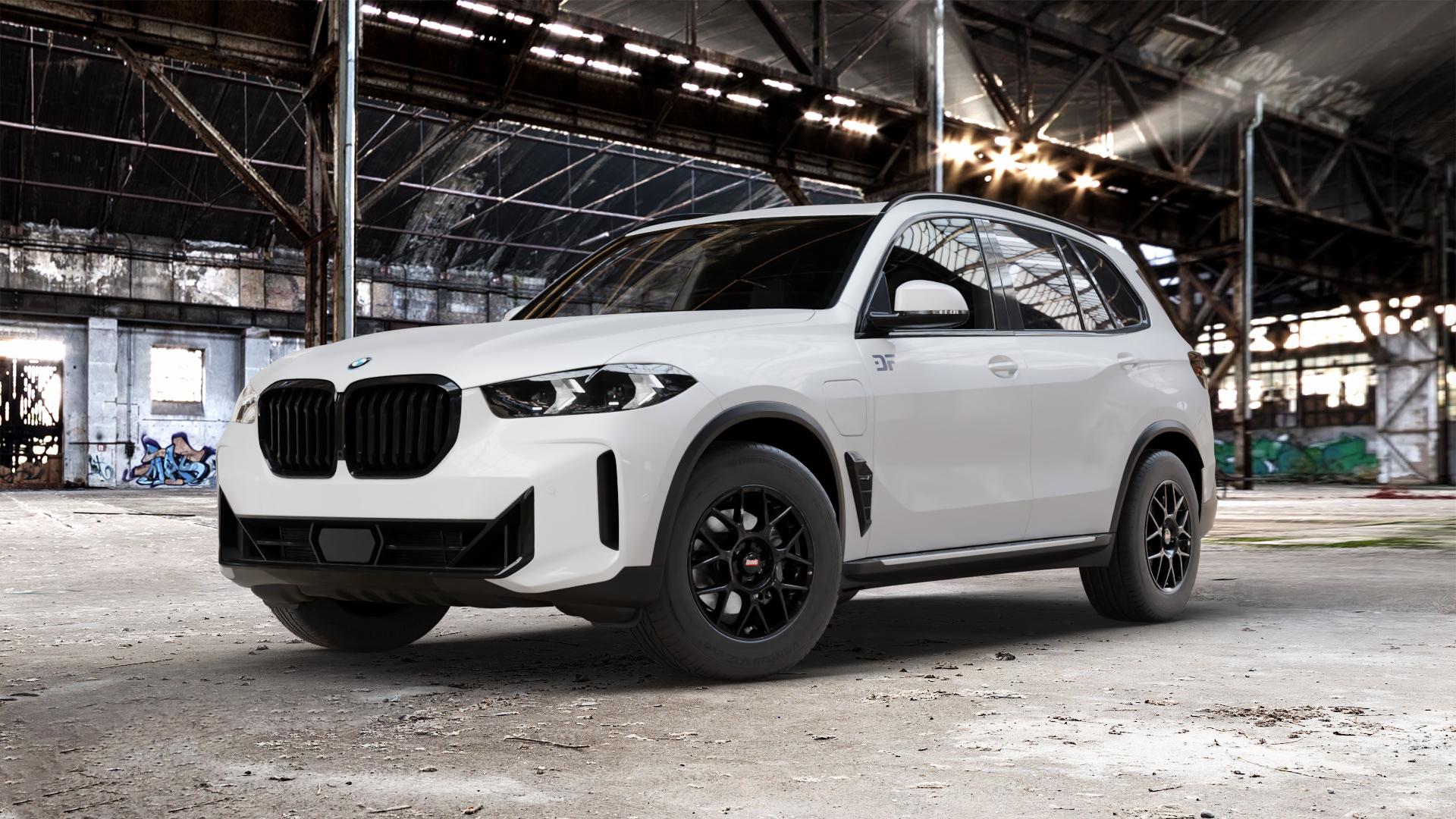 BBS XR schwarz Felge mit Reifen in 17Zoll Winterfelge Alufelge auf weissem BMW X5 Typ G05 (G5X) Facelift ⬇️ mit 15mm Tieferlegung ⬇️ Old Industrial Hall_max_5300mm_2024 Frontansicht_1