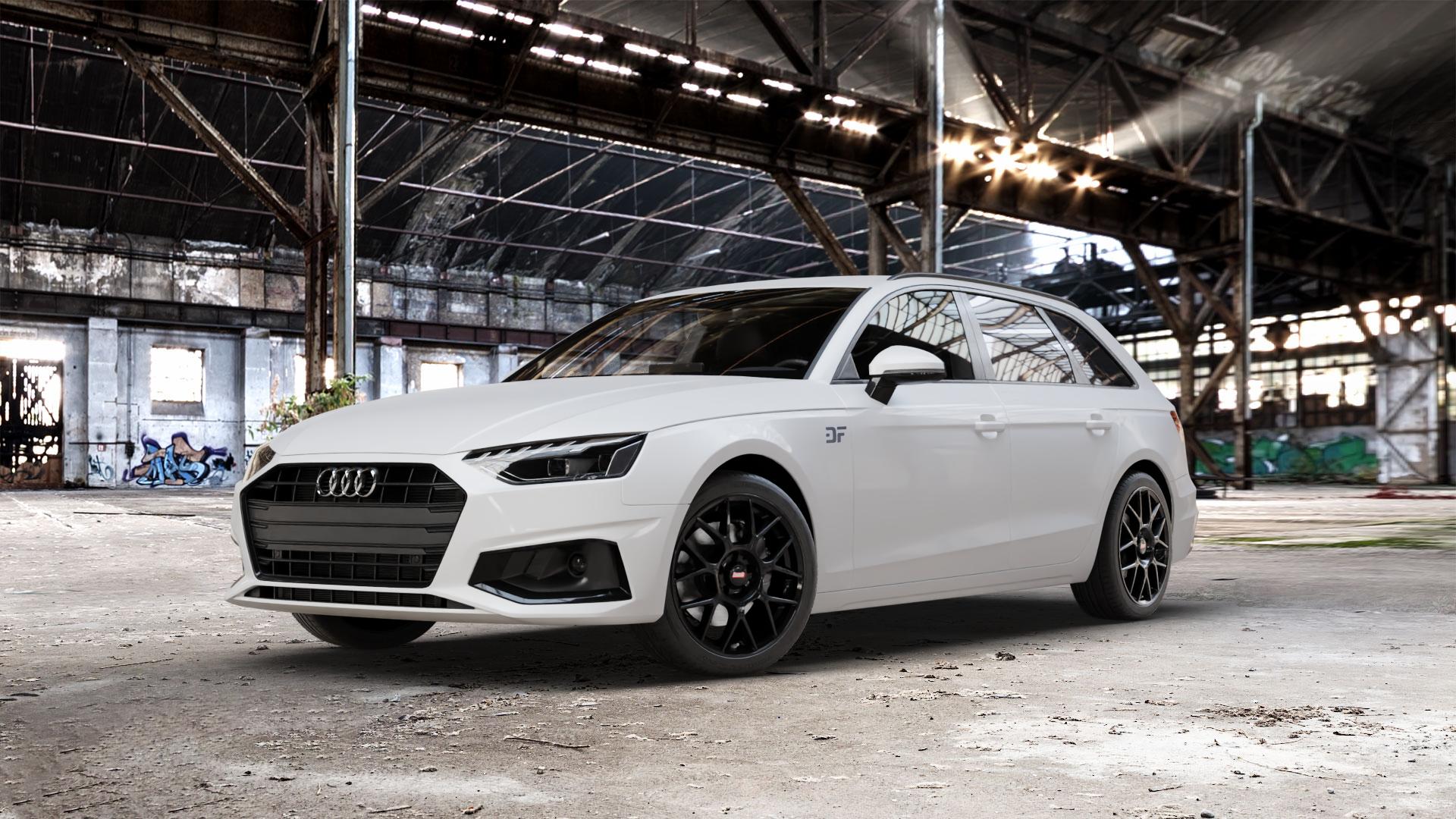 BBS XR schwarz Felge mit Reifen in 18Zoll Winterfelge Alufelge auf weissem Audi A4 Typ B9 (Avant) Facelift ⬇️ mit 15mm Tieferlegung ⬇️ Old Industrial Hall_max_5300mm_2024 Frontansicht_1