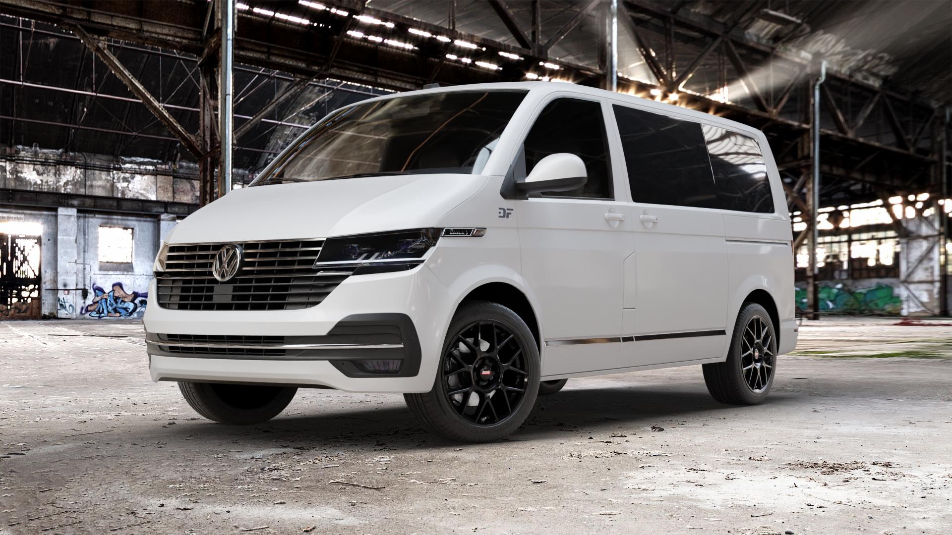 BBS XR schwarz Felge mit Reifen in 18Zoll Winterfelge Alufelge auf weissem Volkswagen (VW) T6.1 Kombi Multivan ⬇️ mit 15mm Tieferlegung ⬇️ Old Industrial Hall_max_5300mm_2024 Frontansicht_1