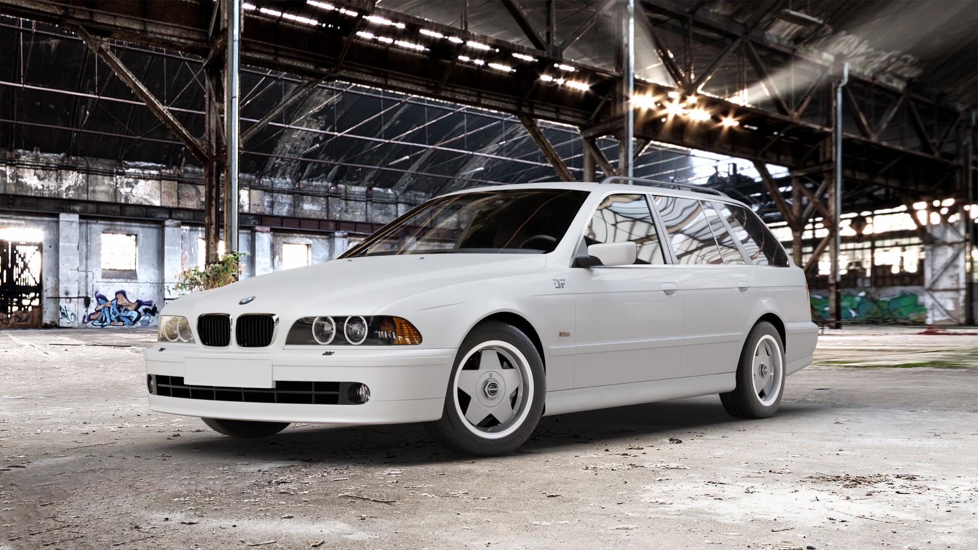 Borbet A silver polished Felge mit Reifen silber in 16Zoll Alufelge auf weissem BMW 520i Typ E39 (Limousine) 523i 525i 528i M5 530i 520d 525tds 530d 525d (Touring) 535i 540i 525td 5er Limousine (5/D, 5/DS) Touring (5/D) ⬇️ mit 15mm Tieferlegung ⬇️ Old Industrial Hall_max_5300mm_2024 Frontansicht_1