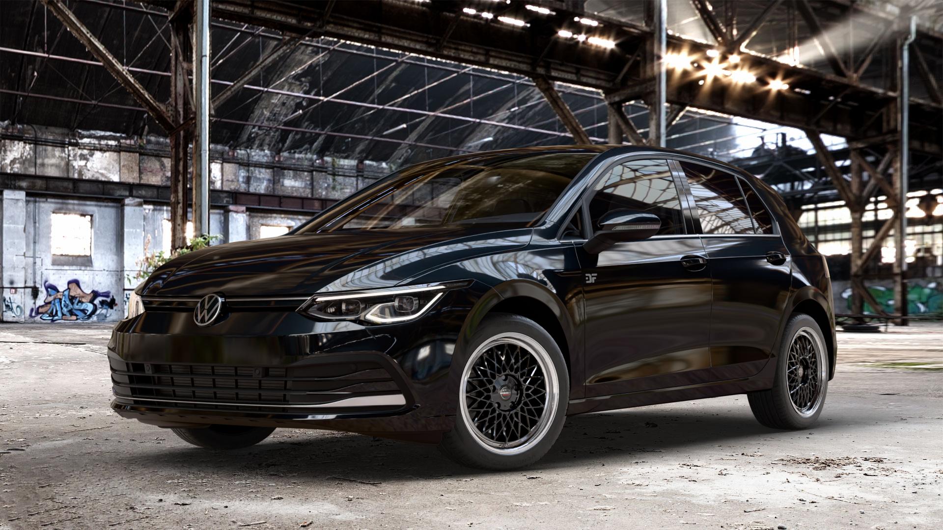 Borbet B black rim polished Felge mit Reifen silber schwarz mehrfarbig in 17Zoll Alufelge auf metallic schwarzem Volkswagen (VW) Golf 8 1,5l TSI 96kW (131 PS) 110kW (150 2,0l TDI 85kW (116 Mild-Hybrid 1,0l 81kW (110 66kW (90 1,4l Hybrid TGI 4Motion 140kW (190 ⬇️ mit 15mm Tieferlegung ⬇️ Old Industrial Hall_max_4400mm_2024 Frontansicht_1
