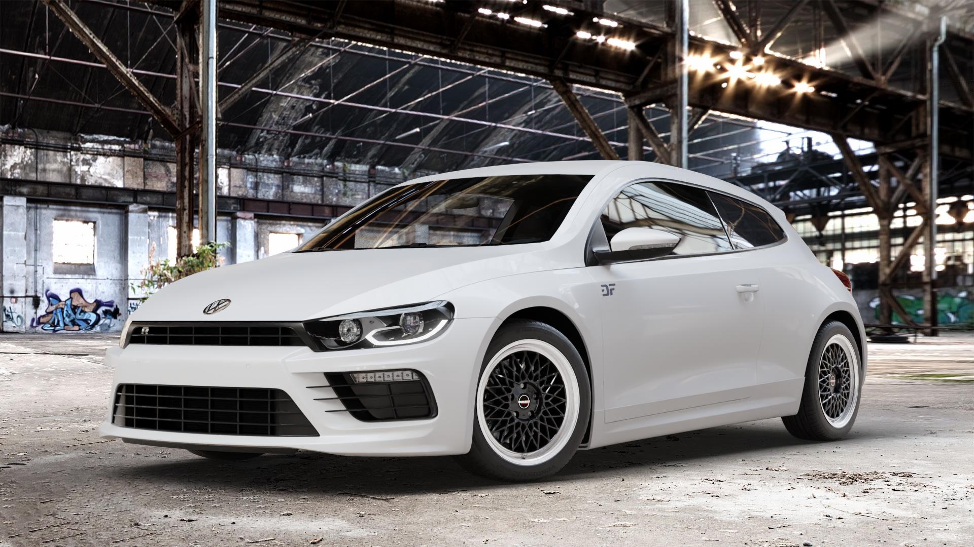 Borbet B black rim polished Felge mit Reifen silber schwarz mehrfarbig in 17Zoll Alufelge auf weissem Volkswagen (VW) Scirocco III Typ 13 Facelift ⬇️ mit 15mm Tieferlegung ⬇️ Old Industrial Hall_max_4400mm_2024 Frontansicht_1