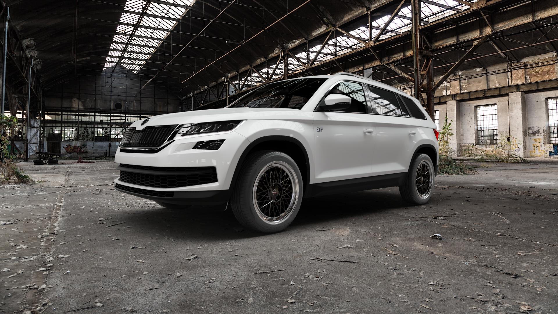 Borbet B black rim polished Felge mit Reifen silber schwarz mehrfarbig in 19Zoll Alufelge auf weissem Skoda Kodiaq Typ NS ⬇️ mit 15mm Tieferlegung ⬇️ Old Industrial Hall_max5000mm_2022 Frontansicht_1