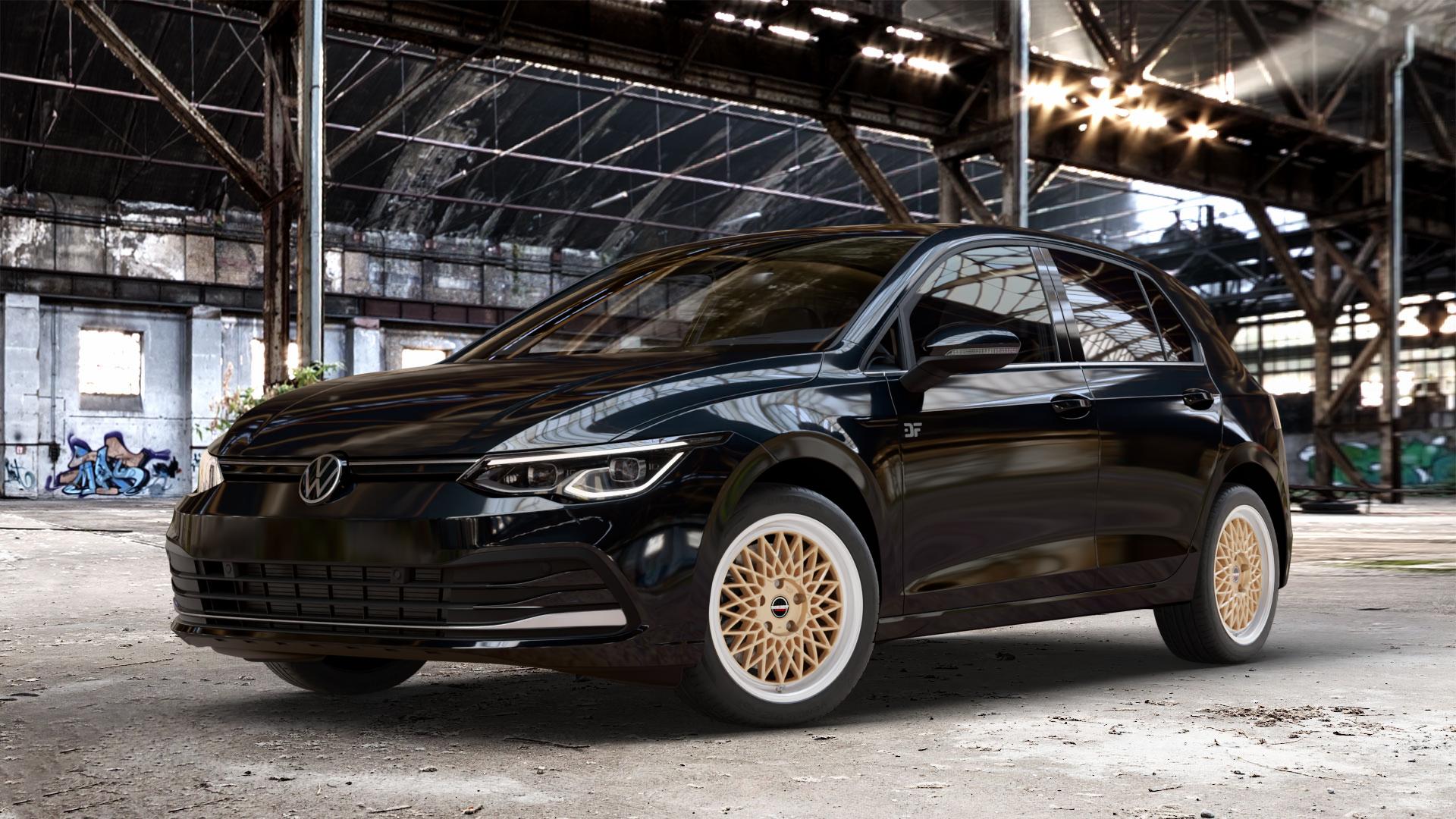 Borbet B gold rim polished Felge mit Reifen silber mehrfarbig in 17Zoll Alufelge auf metallic schwarzem Volkswagen (VW) Golf 8 1,5l TSI 96kW (131 PS) 110kW (150 2,0l TDI 85kW (116 Mild-Hybrid 1,0l 81kW (110 66kW (90 1,4l Hybrid TGI 4Motion 140kW (190 ⬇️ mit 15mm Tieferlegung ⬇️ Old Industrial Hall_max_4400mm_2024 Frontansicht_1